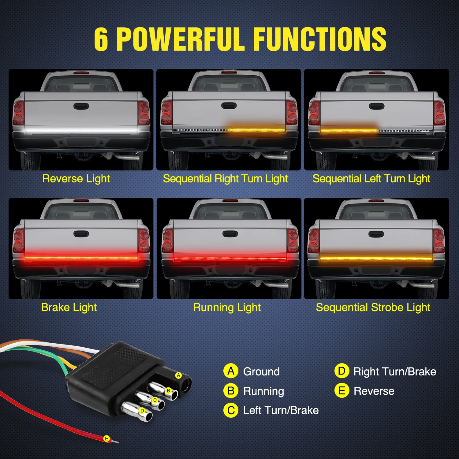 Nilight Truck Tailgate Light Strip 48'' Triple Row 360 Led Strip With Red Running Brake Lights White Reverse Light Amber Turning