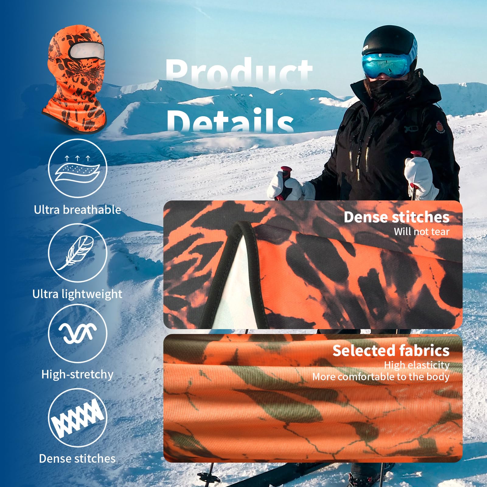 Yeslife Orange Ski Mask, Balaclava Face Mask For Men And Women, Skiing, Snowboarding, Motorcycle, Uv Protection & Wind Protectio