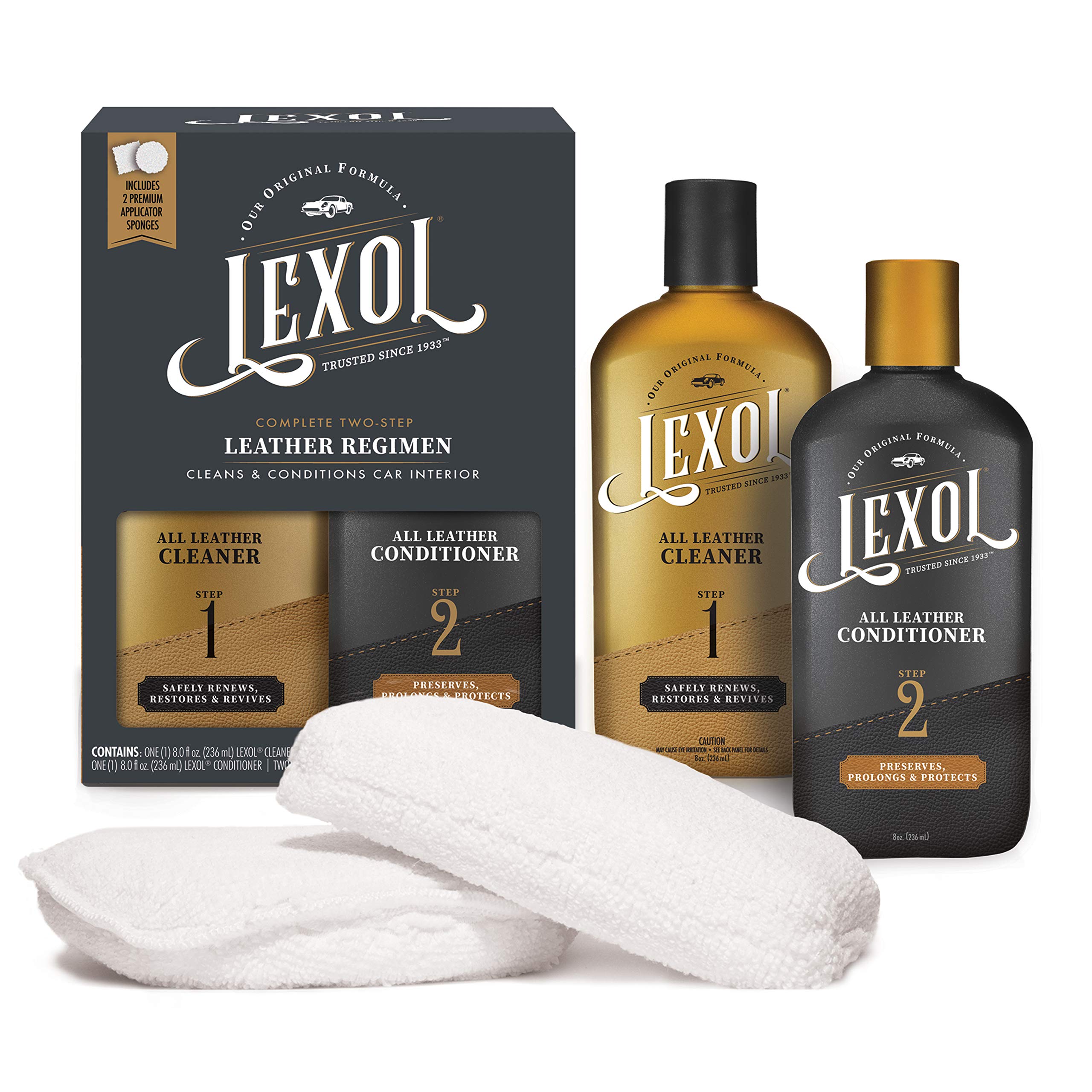 Lexol Leather Cleaner & Conditioner Kit - 8 Oz, Multicolor - Perfect for Car Seats, Furniture, Shoes, Gloves, & Saddles - 2 Bottles & Sponges