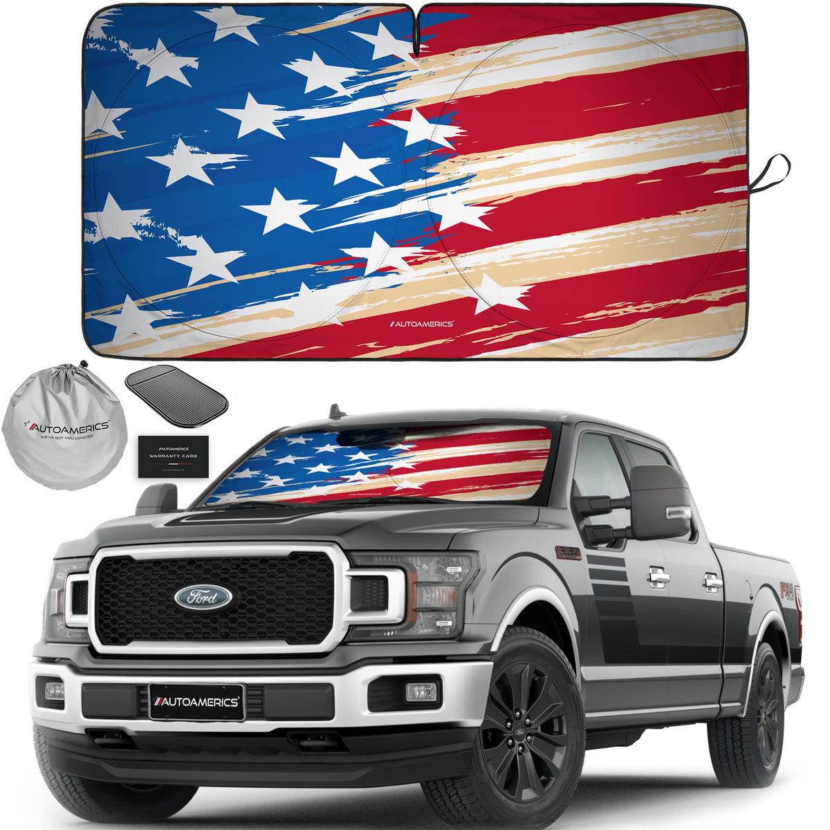 Autoamerics Truck Windshield Sun Shade With Storage Pouch & Anti-Slip Dash Pad -Foldable Usa Art Flag Design - Fits Most Suvs &