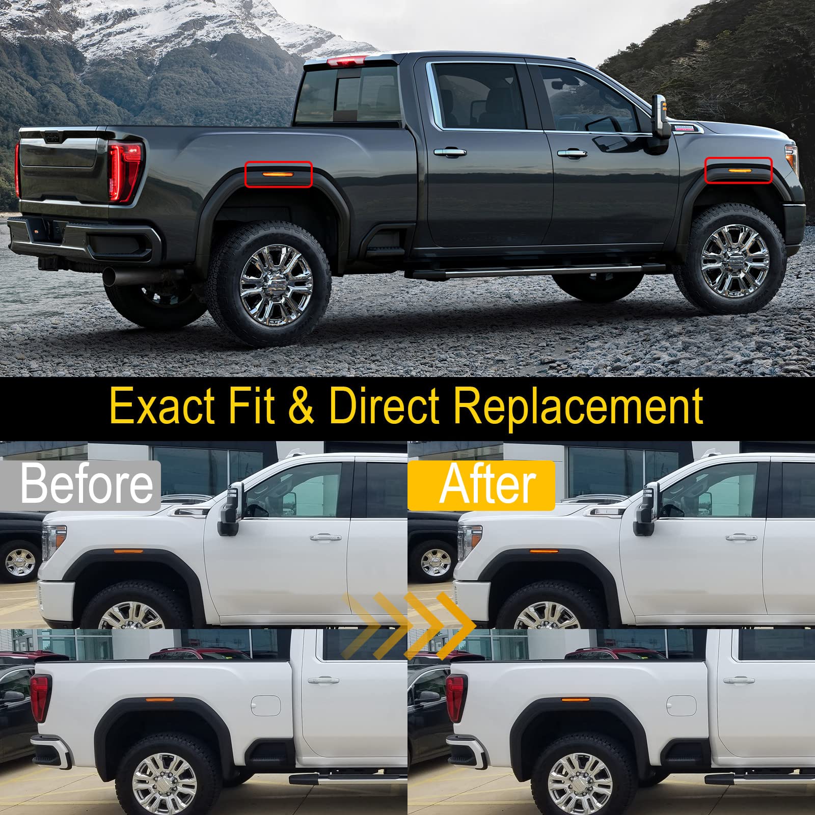 R&F Auto 4Pcs Amber Smoked Lens Led Side Marker Lights Replacement For Sierra 2500Hd 3500Hd 2020-2024 Pickup Truck Amber Front R