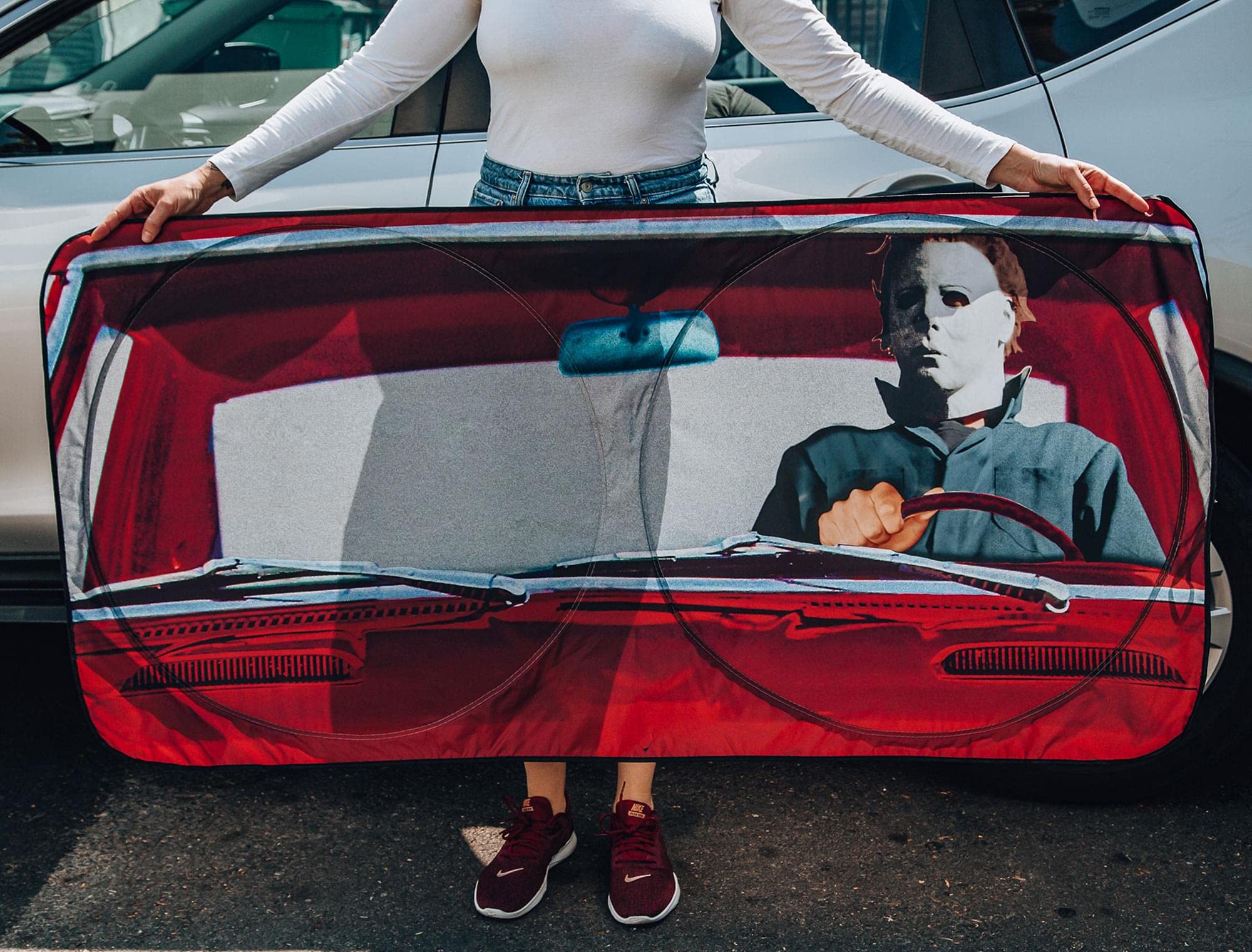 Surreal Entertainment Halloween Michael Myers Horror Movie Sunshade For Windshield | Foldable Sun Visor Protector For Cars, Truc