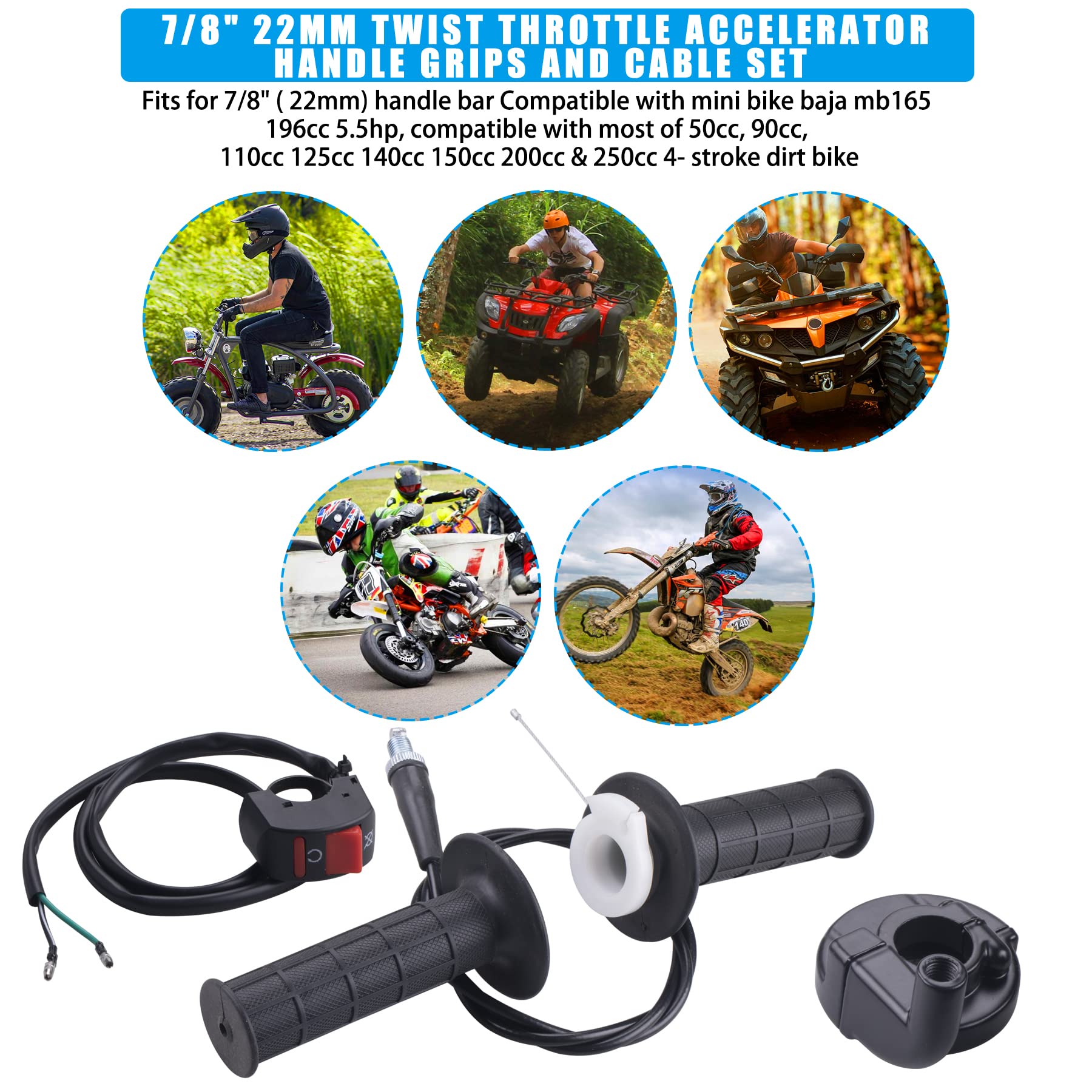 Jingke 7/8' 22Mm Twist Throttle Accelerator Handle Grips And Cable Set For 50Cc 110Cc 150Cc 250Cc Mini Bike Atv Quad Pit Bike Dirtbike With Kill On Off Switch