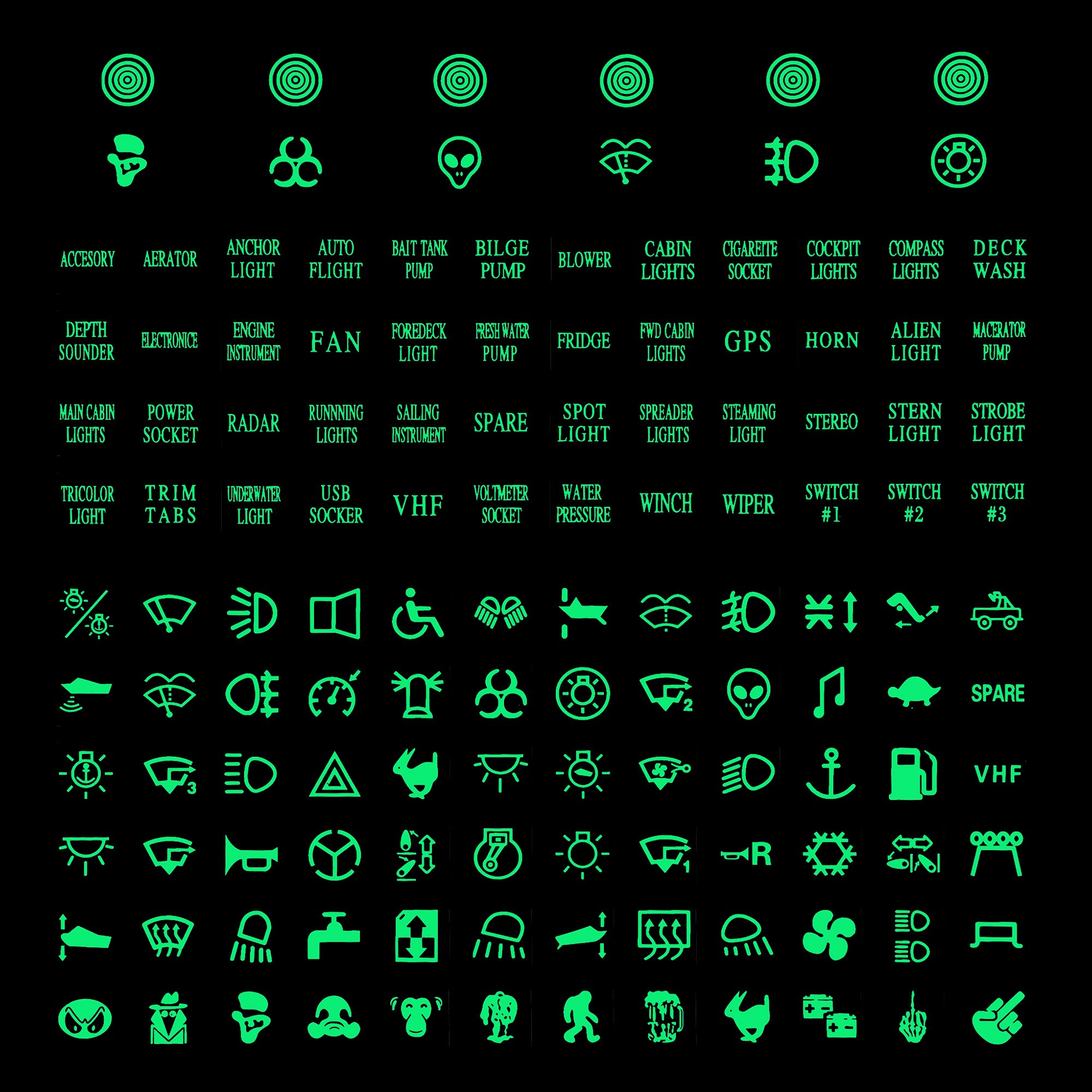 Tomall 132Pcs Centre Console Switch Luminous Stickers For Car Night Safety Luminous Decals Circuit Panel Label Glow In The Dark Accessories For Boat Trailer Car Headlight Control Gps