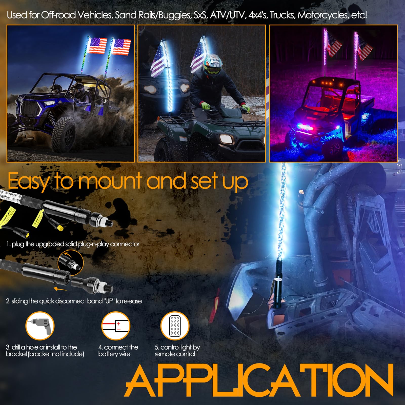 Nirider 2Pcs 3Ft Led Whip Lights With Flag Pole Remote Control Spiral Rgb Chase Light Offroad Warning Lighted Antenna Led Whips