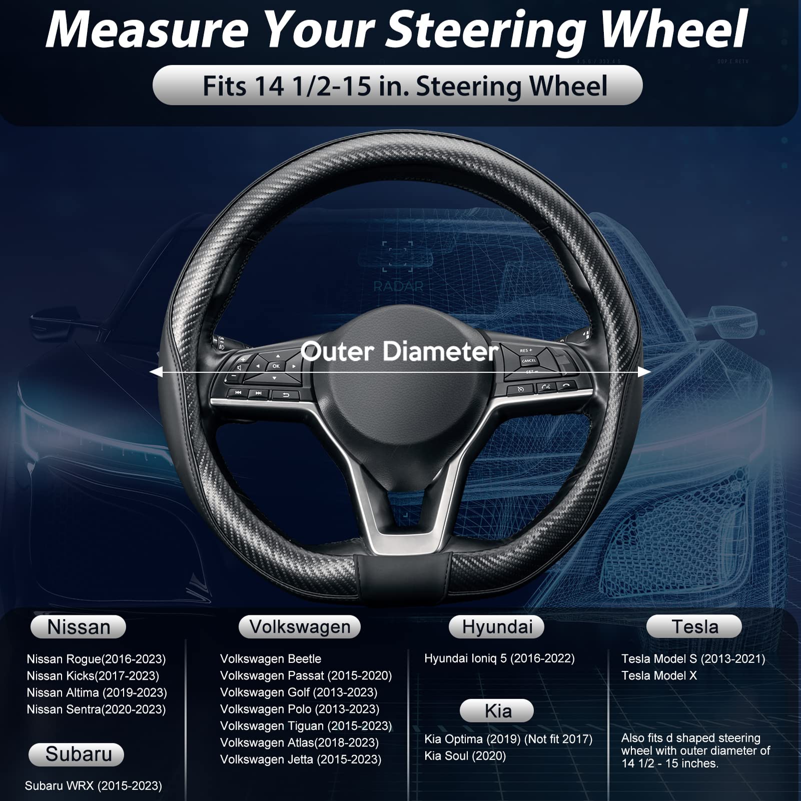 Seg Direct Flat Bottom Steering Wheel Cover Carbon Fiber, D Shaped Car Wheel Cover 14 1/2-15 In. (37-39 Cm), Black Microfiber Le