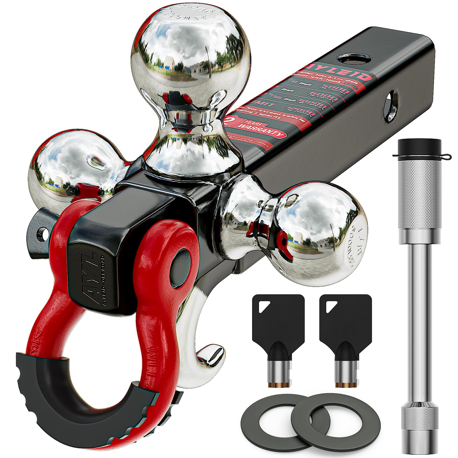 Ayleid Trailer Hitch Tri-Ball Mount With Hook&Pin&Rotatable Tow Shackle,Fits 2-In Receiver With 1-7/8-In,2-In,2-5/16-In Hitch Ba