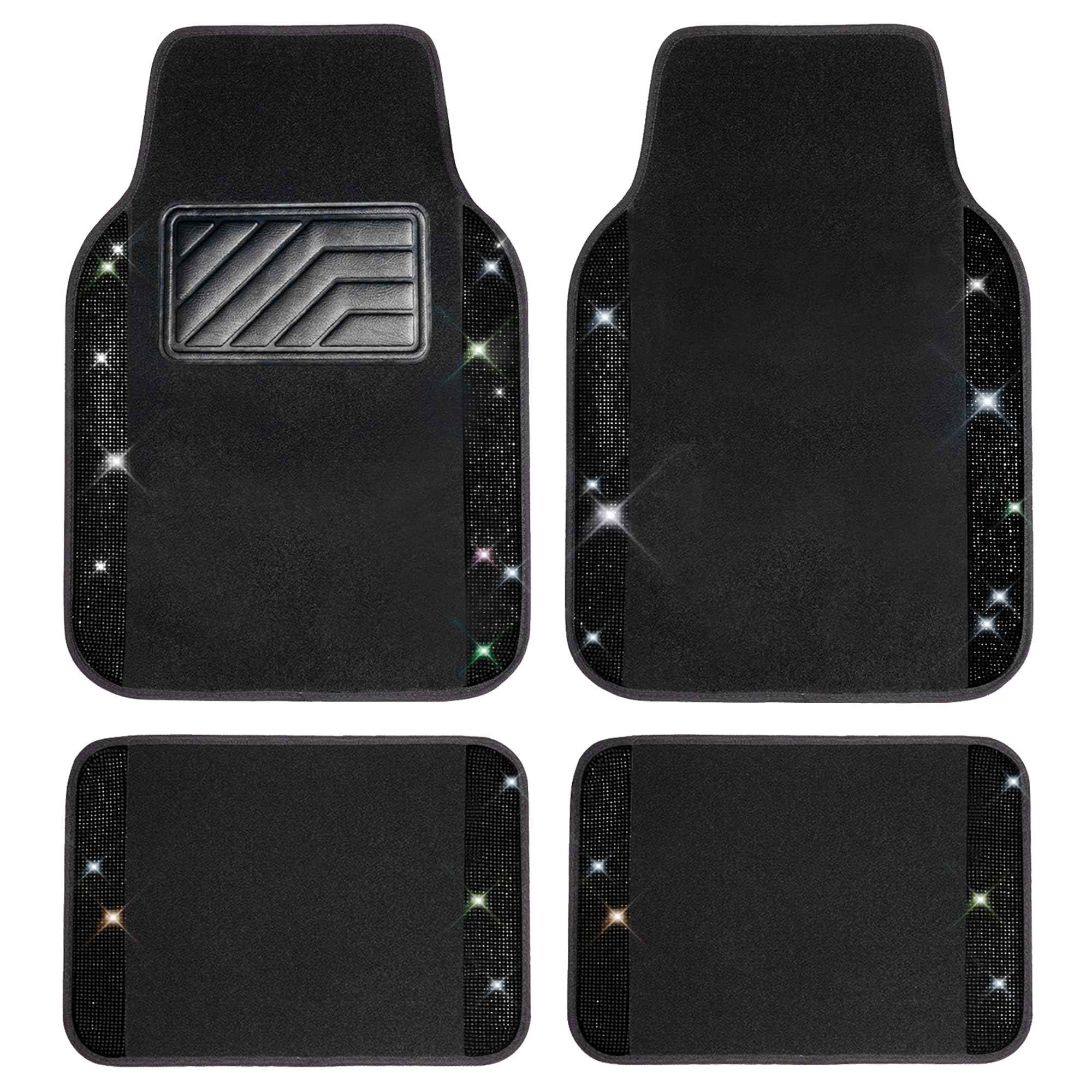 Car Pass Bling Rhinestones Diamond Universal Waterproof Car Floor Mat, Crystal Sparkling Shining Glitter Carpet With Anti-Slip Pvc Heel Pad For Suv,Sedan,Van,4Pcs Girl Women Men (Black)