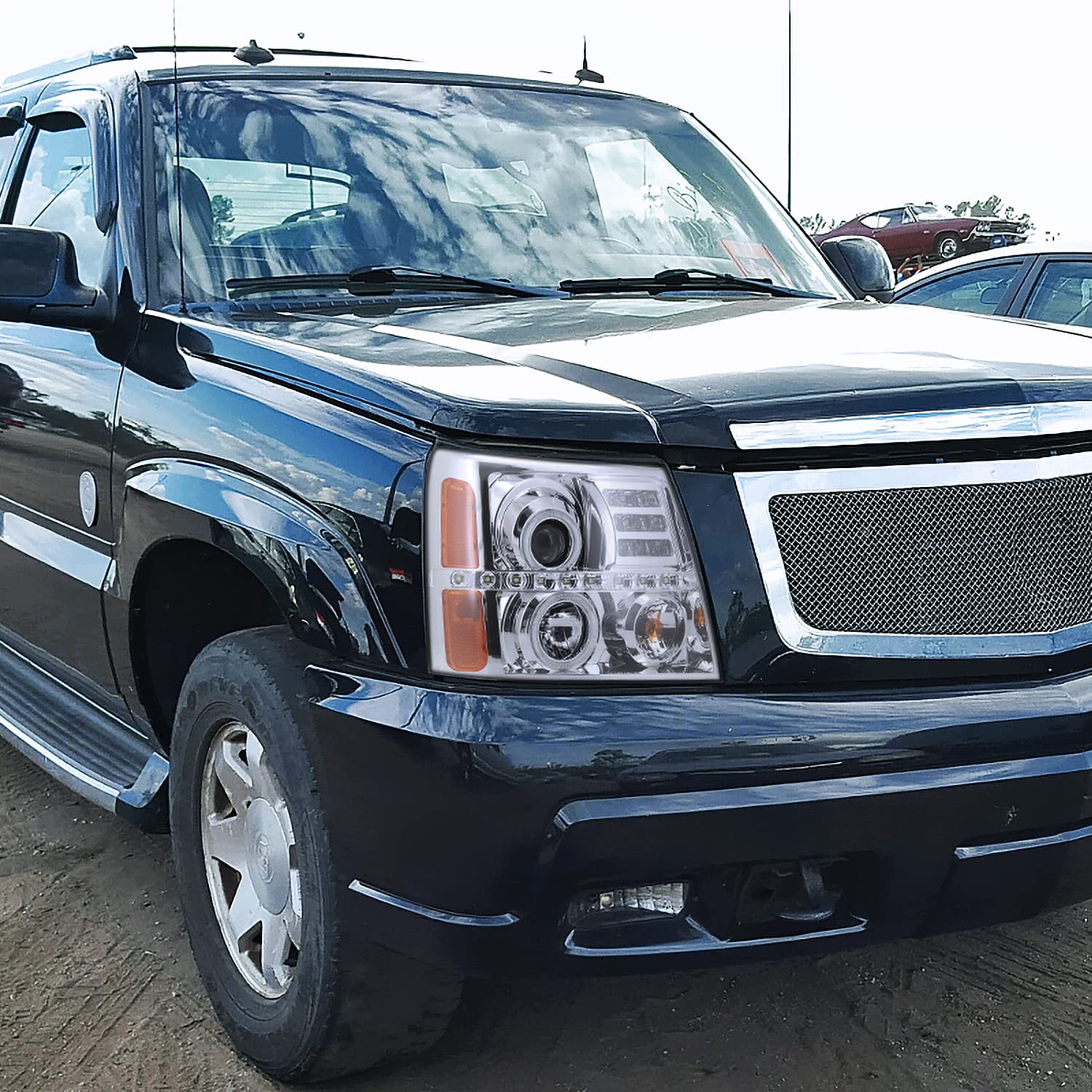 Spec-D Tuning Led Dual Halo Chrome Housing Clear Lens Headlights Compatible With 2002-2006 Cadillac Escalade All, Left + Right Pair Headlamps Assembly