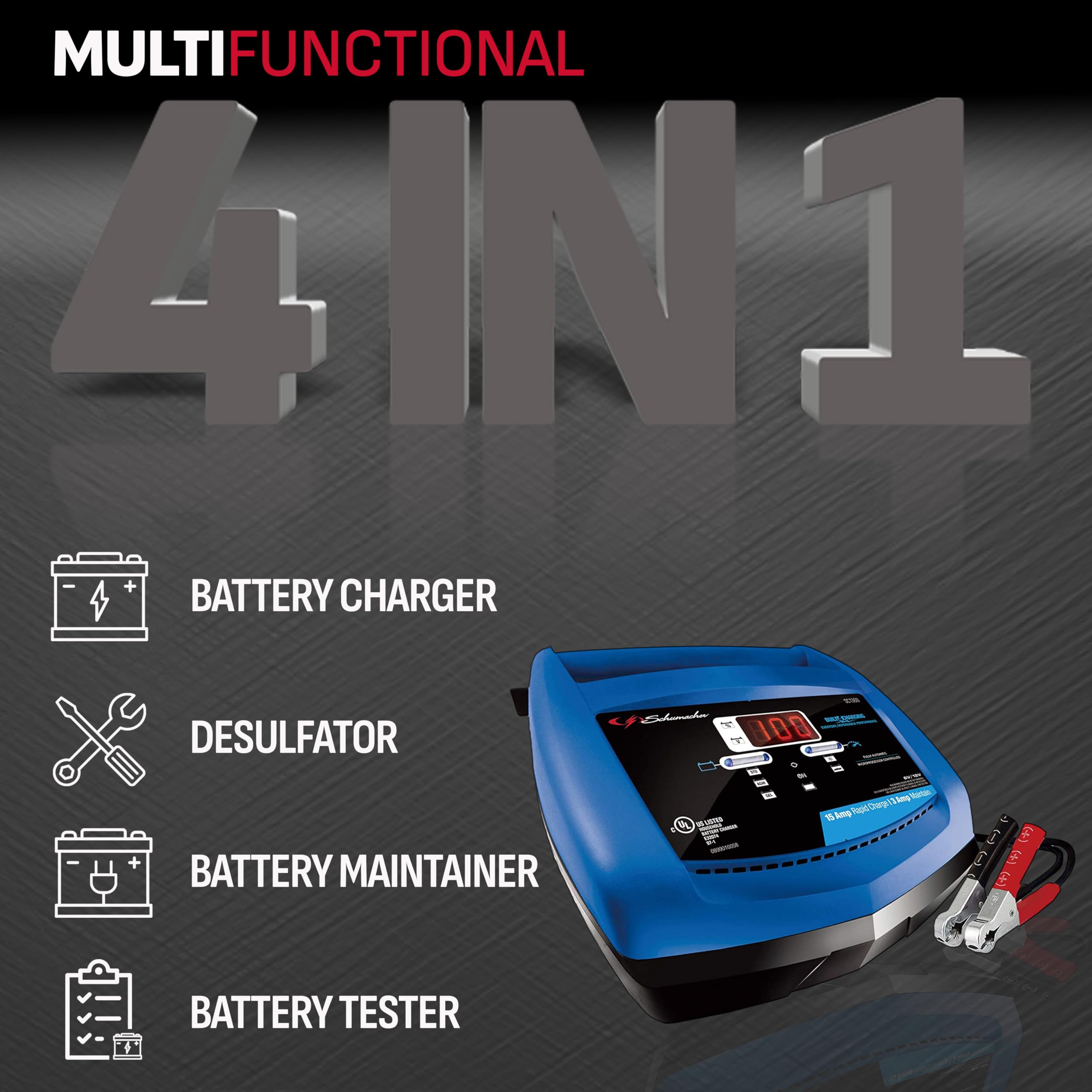 Schumacher Electric Ship 'n Shore Rapid Battery Charger and Maintainer, SC1360, 4-in-1, Fully Automatic, Battery Tester, 15 Amps
