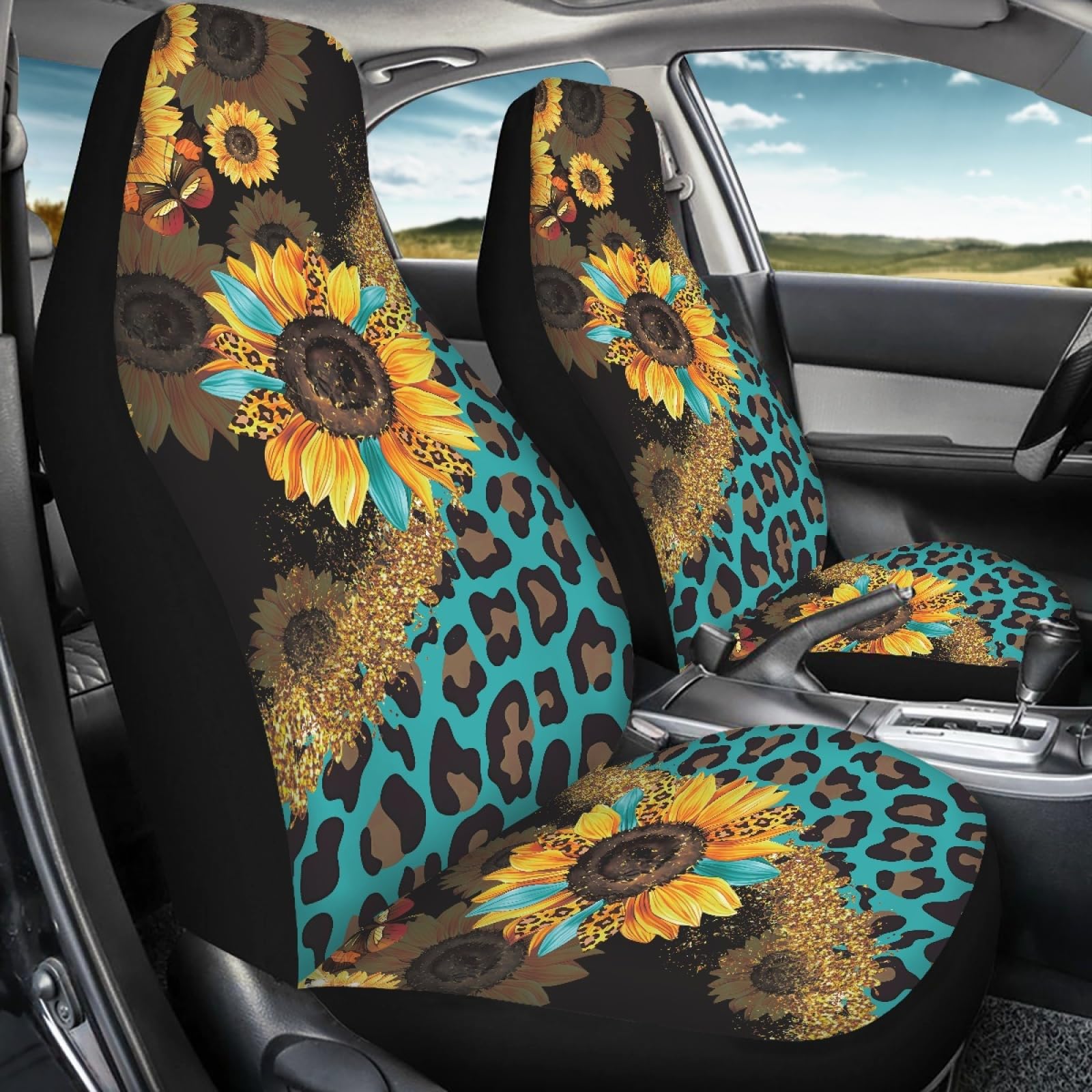 Wanyint Sunflower Leopard Print Blue Car Seat Cover Set of 2 Front Seats Only, Universal Soft Car Seat Protection for Men Women