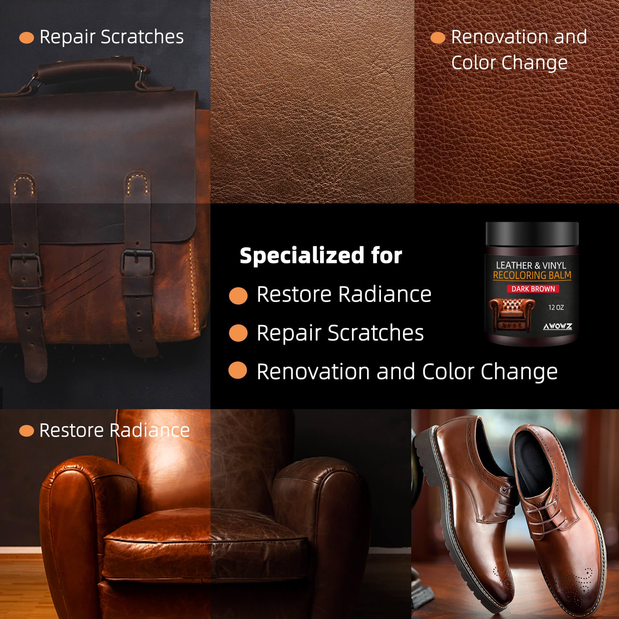 Awowz Leather Recoloring Balm, 12Oz Leather Couch Repair Kit, Leather Restorer For Couches, Leather Scratch Repair, Leather Reco