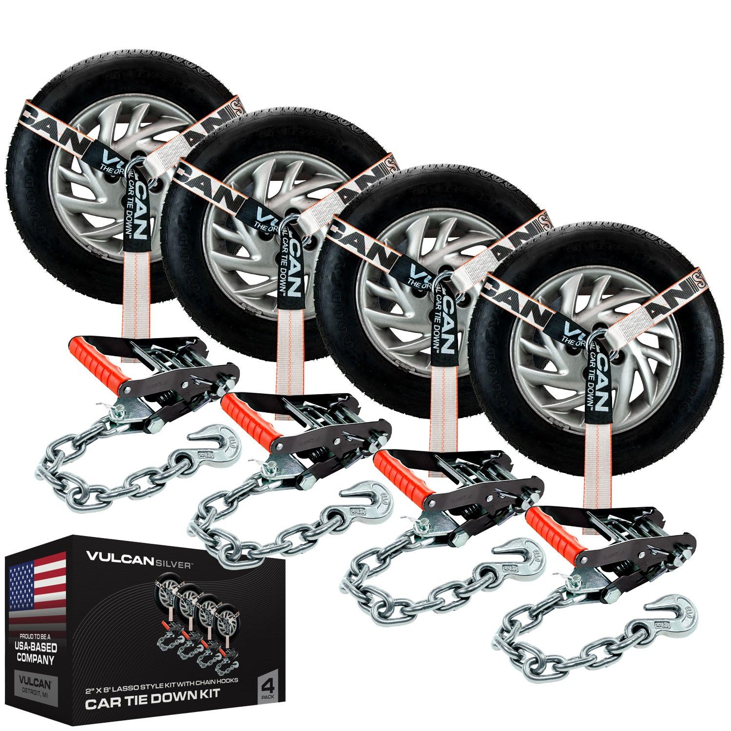 Vulcan Car Tie Down With Chain Anchors - Lasso Style - 2 Inch X 96 Inch - 4 Pack - Silver Series - 3,300 Pound Safe Working Load