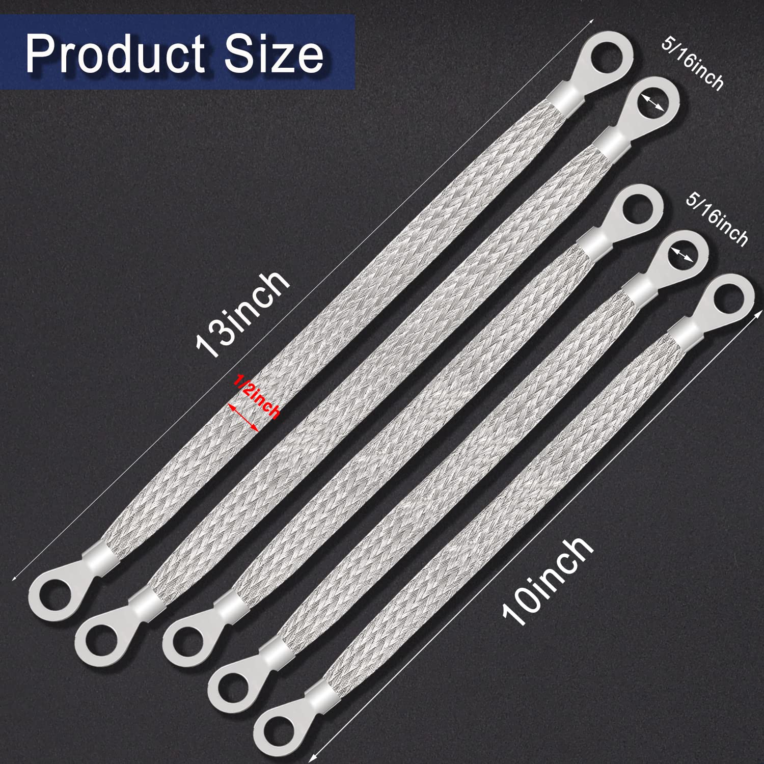 Taiss 5PCS Ground Strap 3pcs 10'' x 1/2'' & 2pcs 13'' x 1/2'' Tinned Copper Professional Vehicle Grounding Cable Straps with Ter