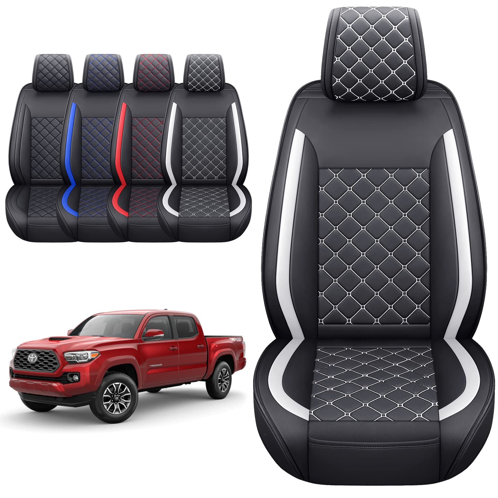 Tomatoman Tacoma Seat Covers Customized For 2005-2023 Sport Double Cab Sr V6 Pickup Truck, Waterproof Faux Leather Car Cushions(2 Pcs Front, Black-White)