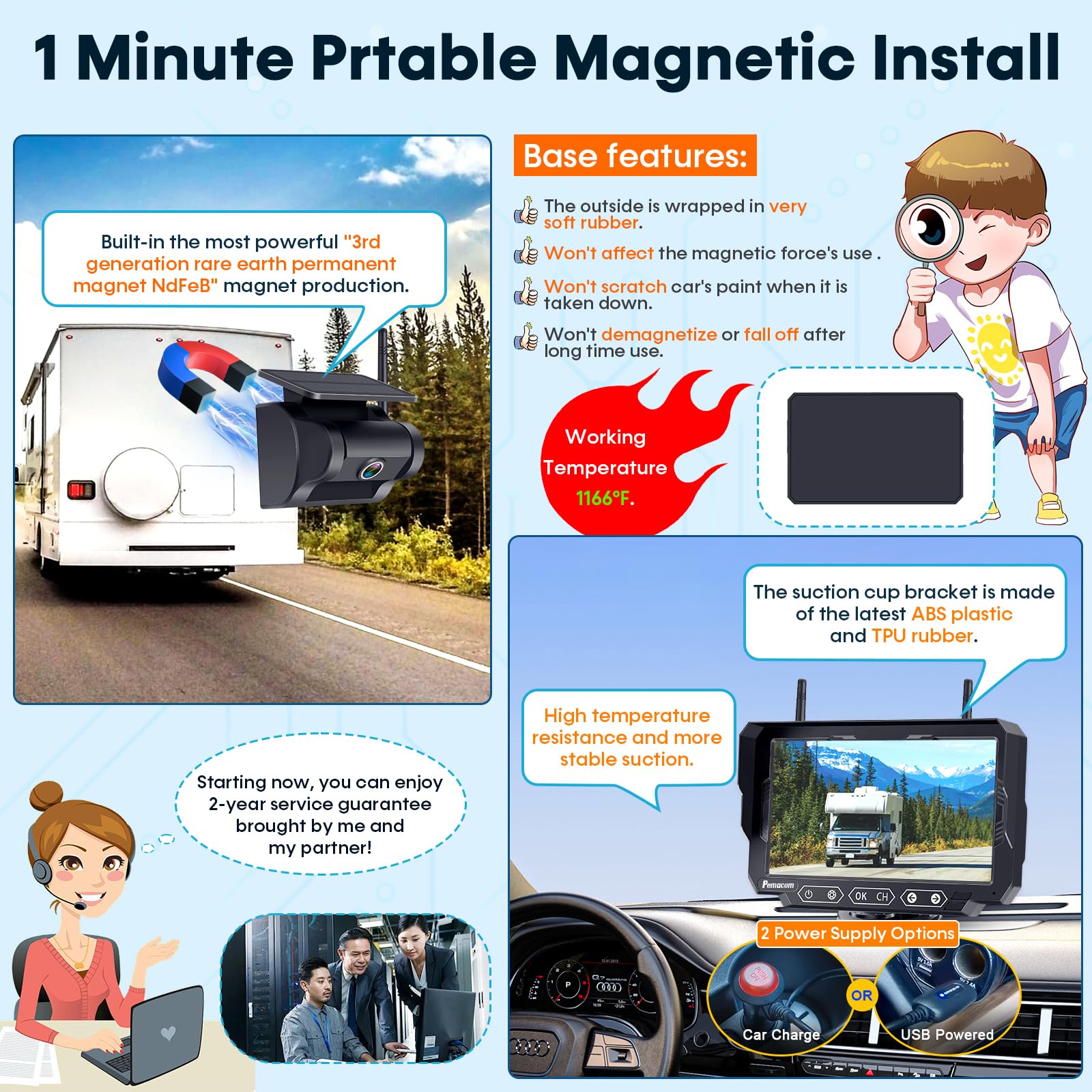 Magnetic Solar Wireless Backup Camera: 7'' Dvr Portable 1 Min Easy Install Scratch-Proof No Delay Truck Trailer Hitch Rear View