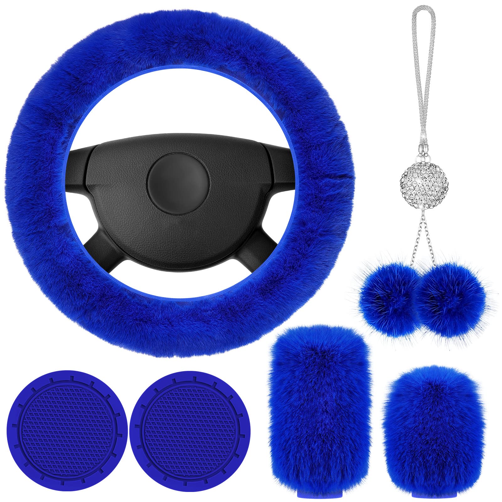 Frienda 6 Pieces Fluffy Car Accessories Set Bling Fluffy Steering Wheel Cover Soft Fuzz Handbrake Gear Shift Cover Bling Mirror