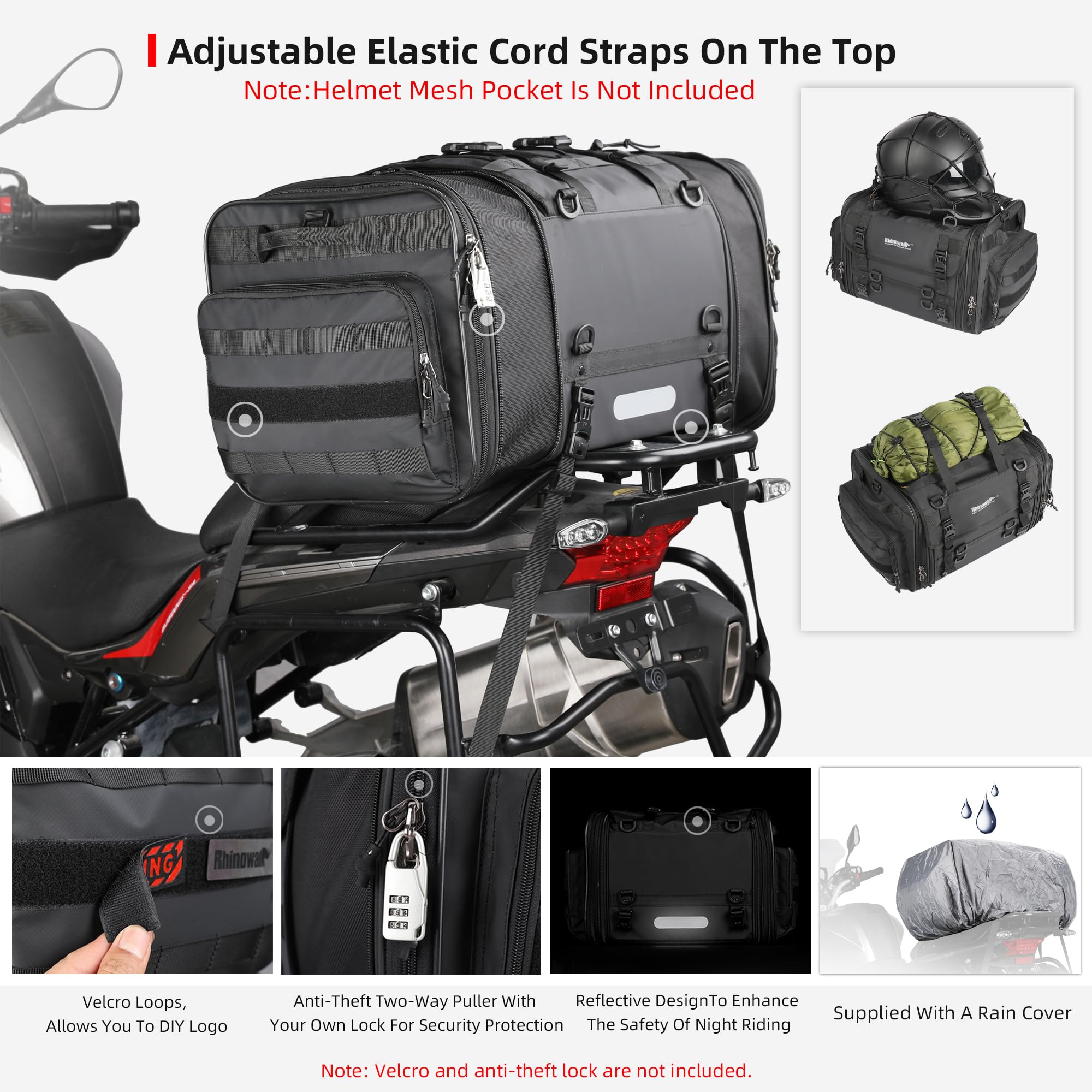 Rhinowalk Motorcycle Tail Bag Expandable Motorcycle Travel Luggage 80L Waterproof All Weather/Trunk/Rack Bag With Sissy Bar Stra
