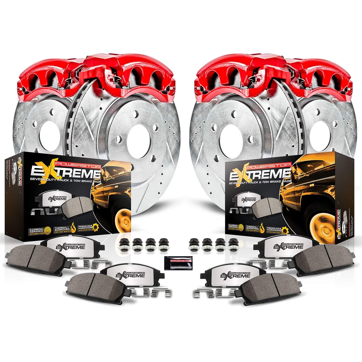 Power Stop Kc2073-36 Z36 Truck & Tow Front And Rear Drilled And Slotted Brake Rotors Kit With Carbon-Fiber Ceramic Brake Pads & Calipers For Chevy Silverado 2500Hd 3500Hd Gmc Sierra 2500Hd 3500Hd