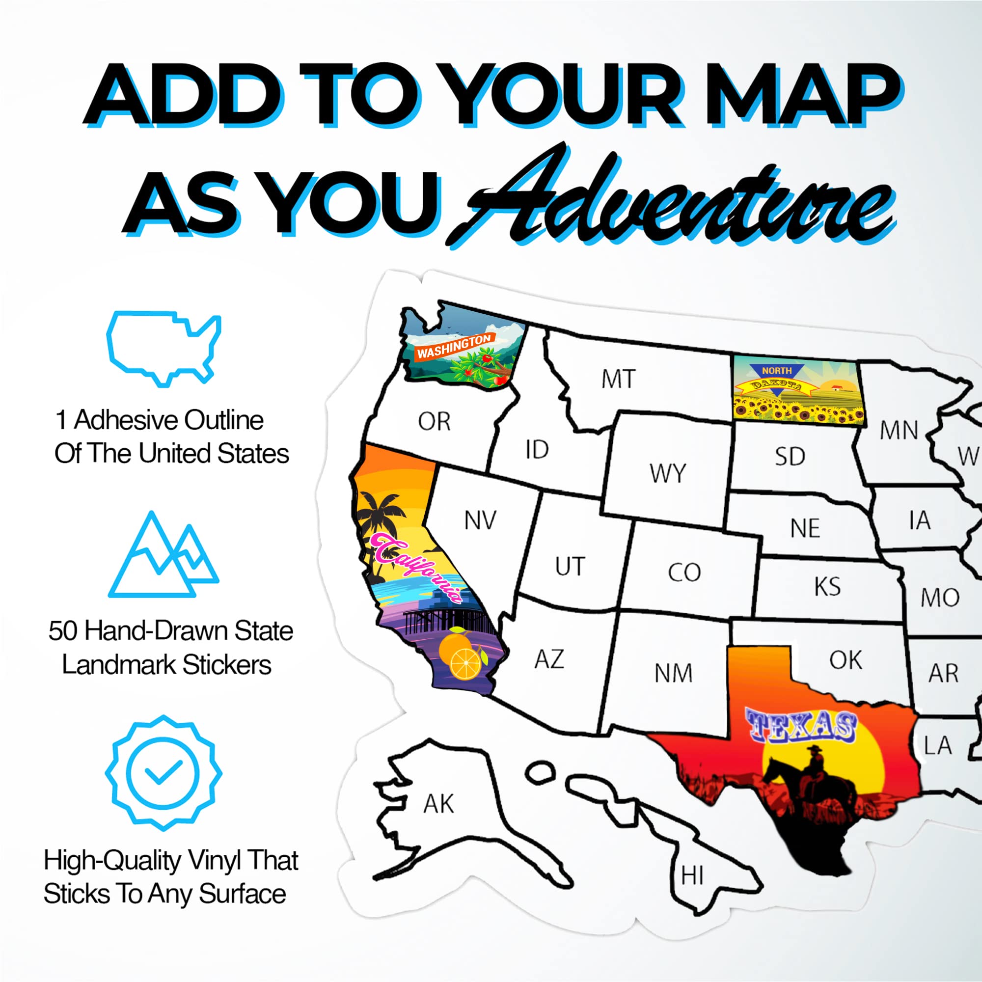 GLIBERTVILLAGEGOODS RV State Sticker Travel Map - 25x17 Inch USA Sticker Map with 50 Waterproof State Decals for RV, Camper, Motorhome