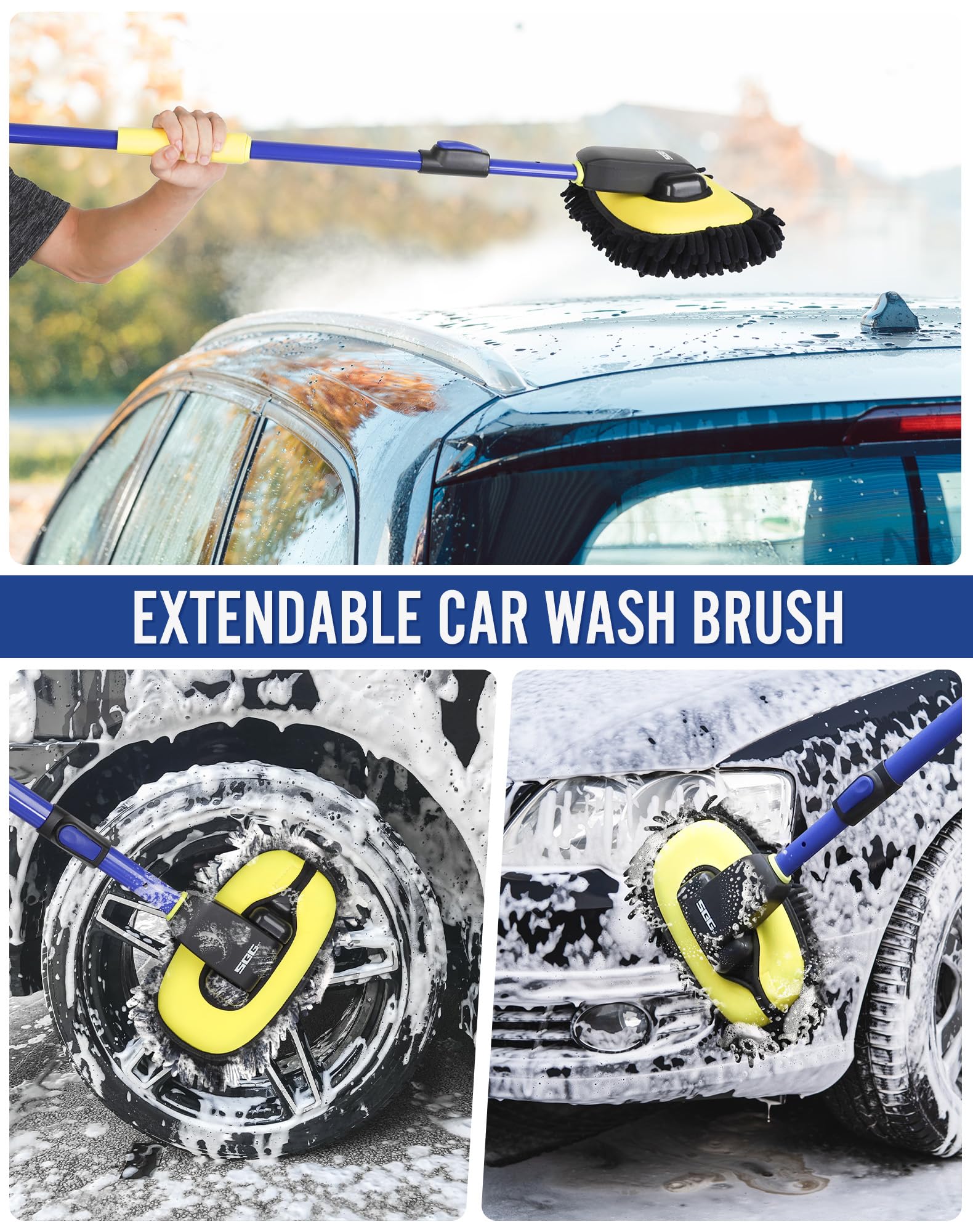 Seg Direct Car Wash Brush Mop Kit Extendable With Long Handle, Detachable Pole, D Shaped Grip, Chenille Scratch-Free Replacement