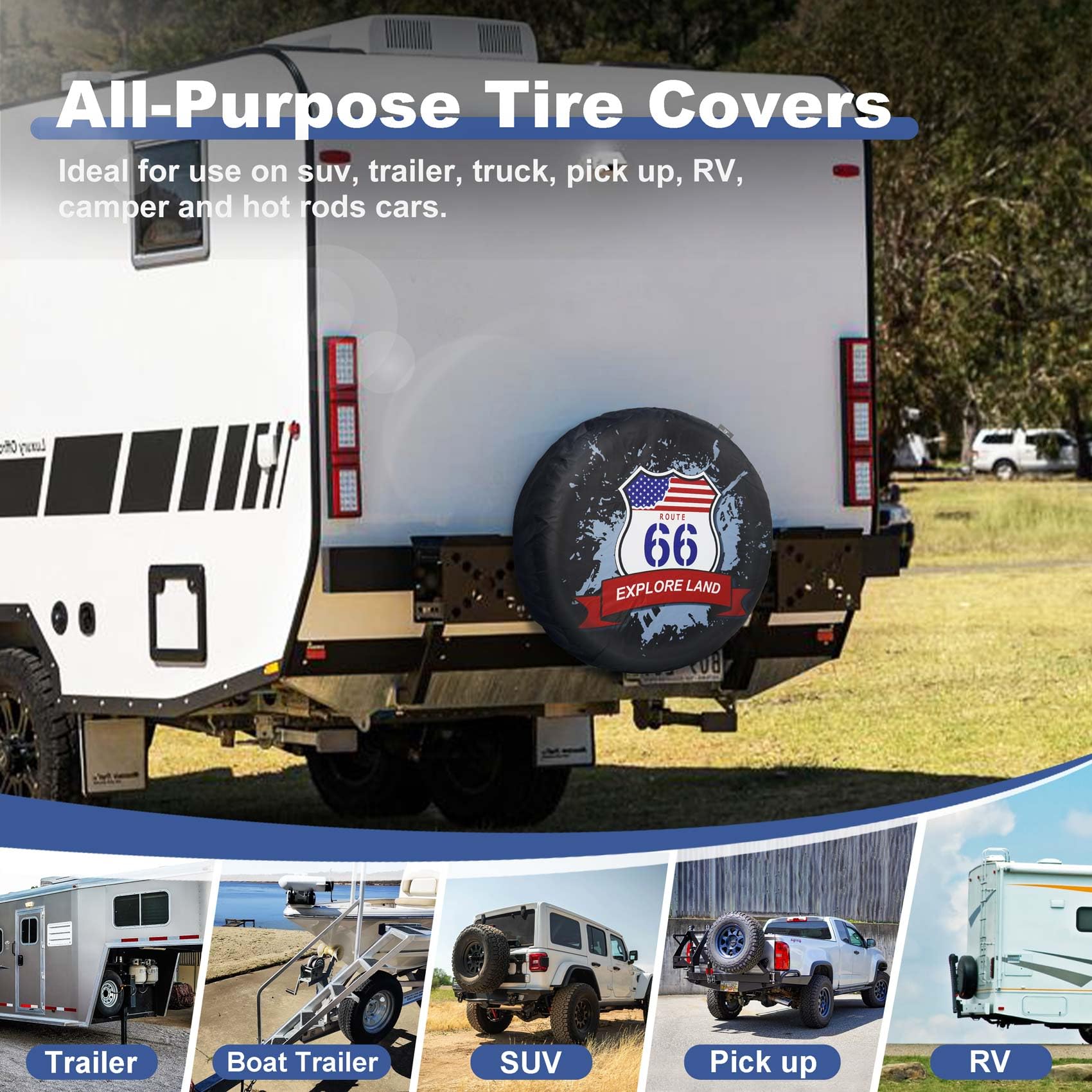 Explore Land 30-33 Inch Spare Tire Cover Fit Trailer, Rv, Suv, Truck, Tough Tire Wheel Soft Cover, American Flag And Route 66