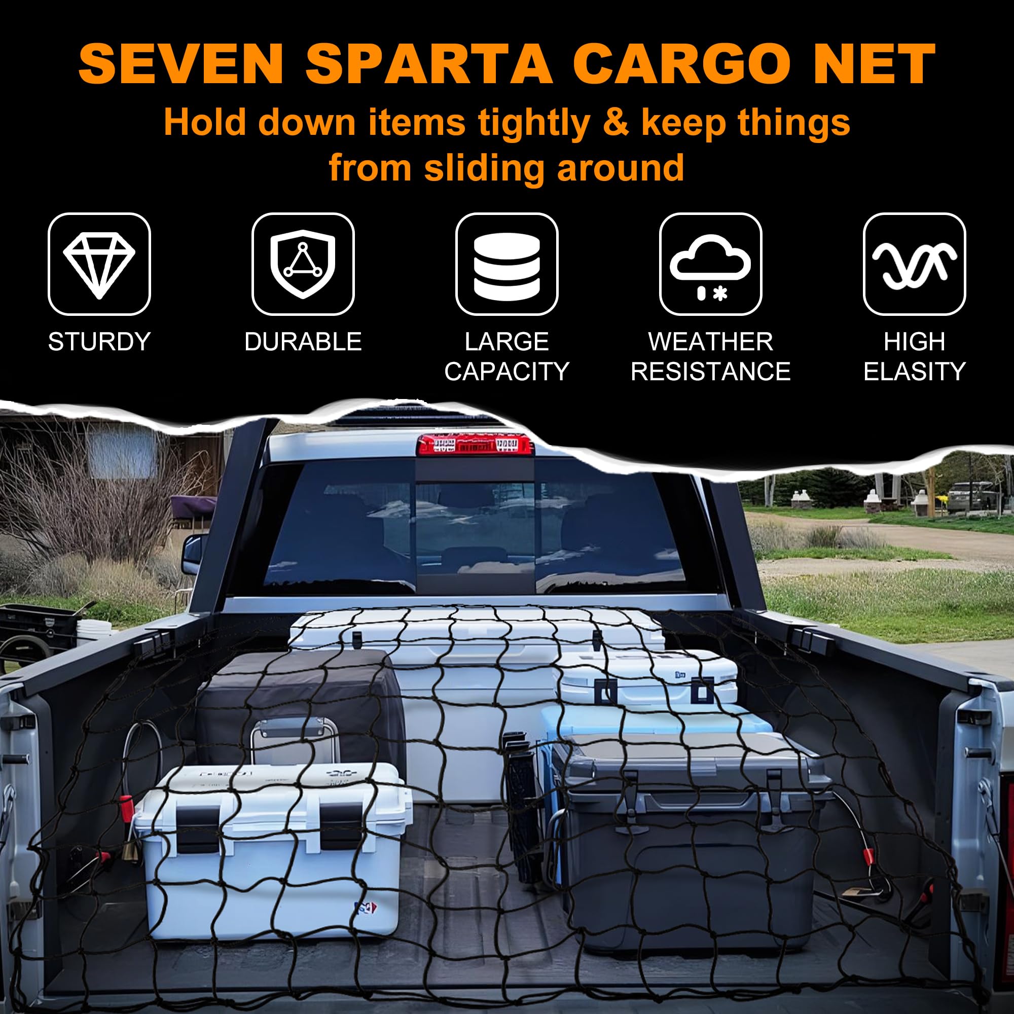 Seven Sparta 4 X 4 Bungee Cargo Net Stretches To 7' X 7' For Truck Bed, Pickup Bed, Trailer, Trunk, Suv With 12 Bonus D Clip Car