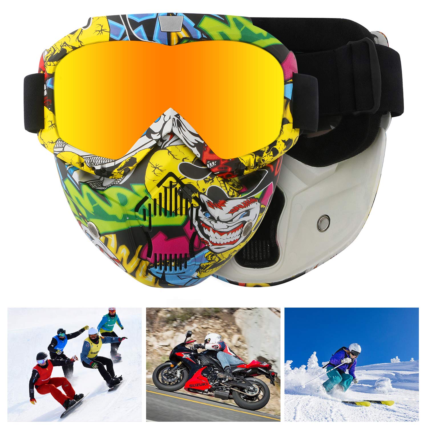 Motorcycle Helmet Riding Goggles Glasses With Removable Face Mask,Detachable Fog-Proof Warm Goggles Mouth Filter Adjustable Non-