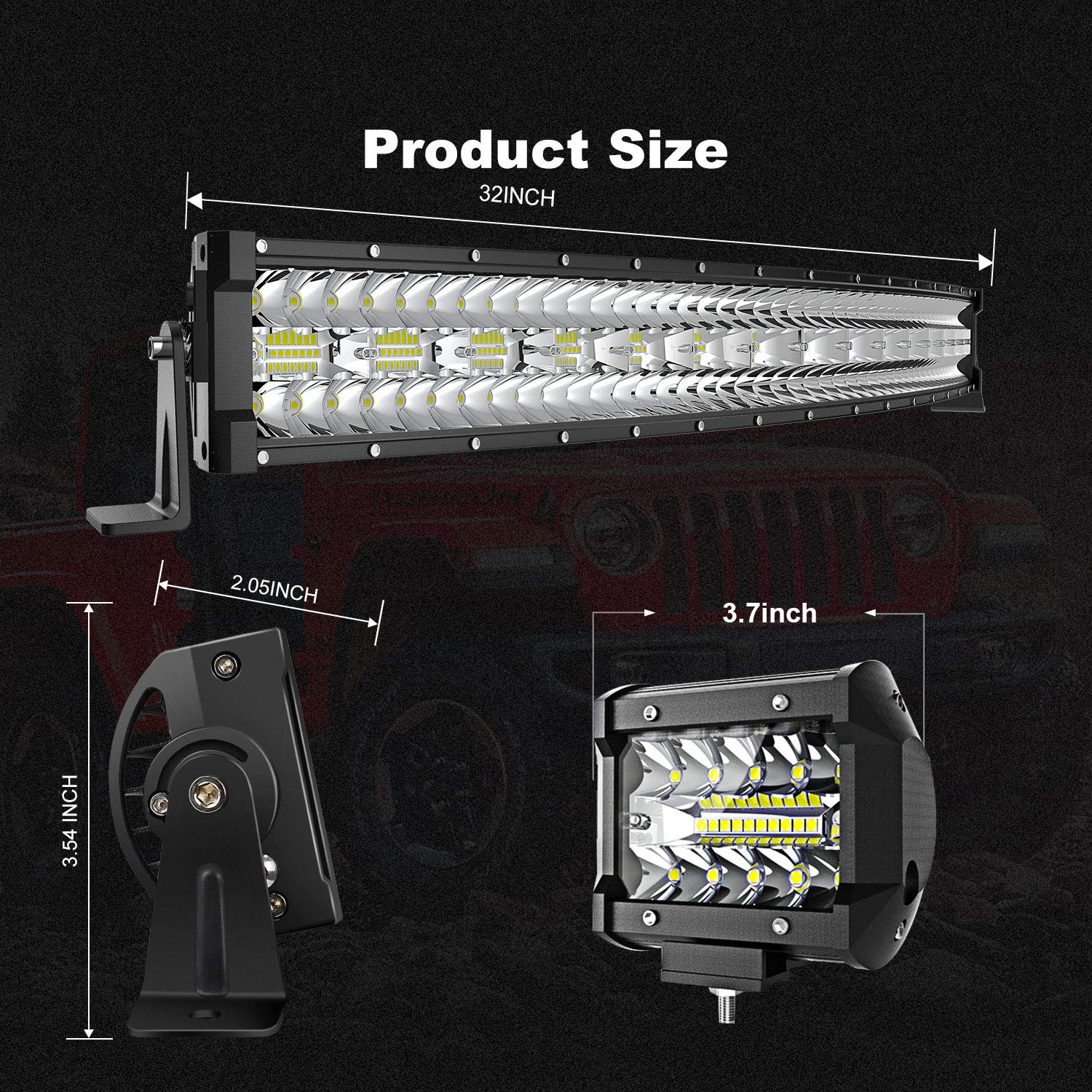 32'' Led Light Bar Curved Terrain Vision Triple Row 672W Flood Spot Combo Beam Off Road Lights 2Pc 4Inch 60W Driving Fog Lights