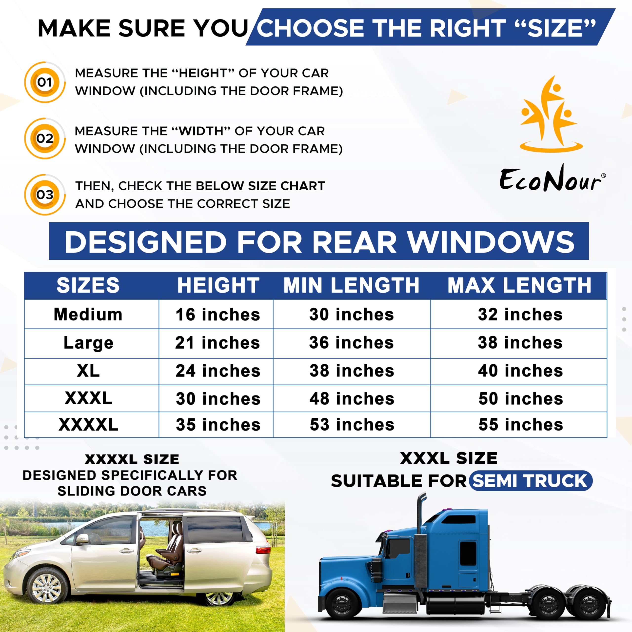 EcoNour XXXL Truck 2-Pack Side Window Shade | Front Side Windows Protects UV Rays and Sun Glare | Stretchable & Breathable Mesh