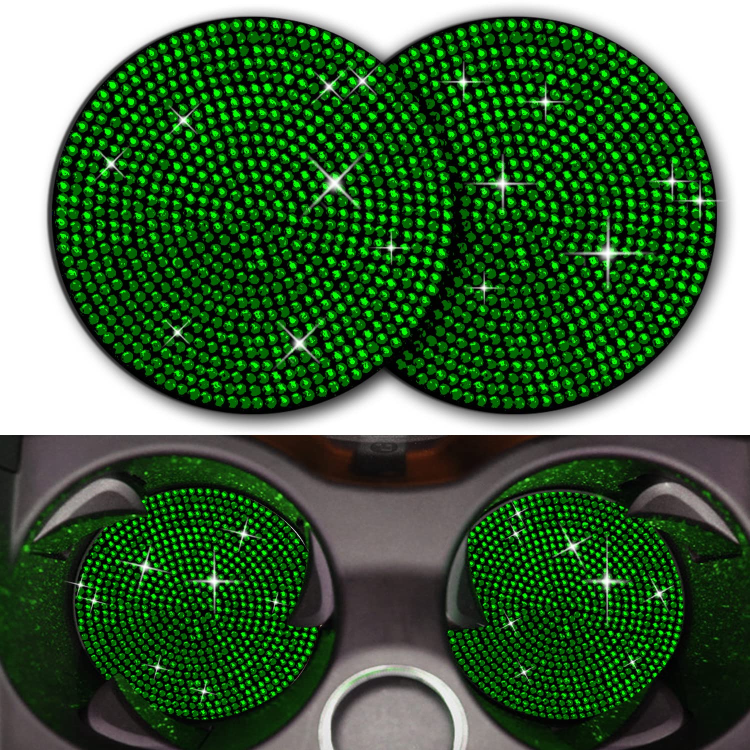 2Pcs Bling Cup Holder Insert Coaster- 2.75 Inch Silicone Anti-Slip Shockproof, Universal Fashion Car Interior Accessories For Women (Green)