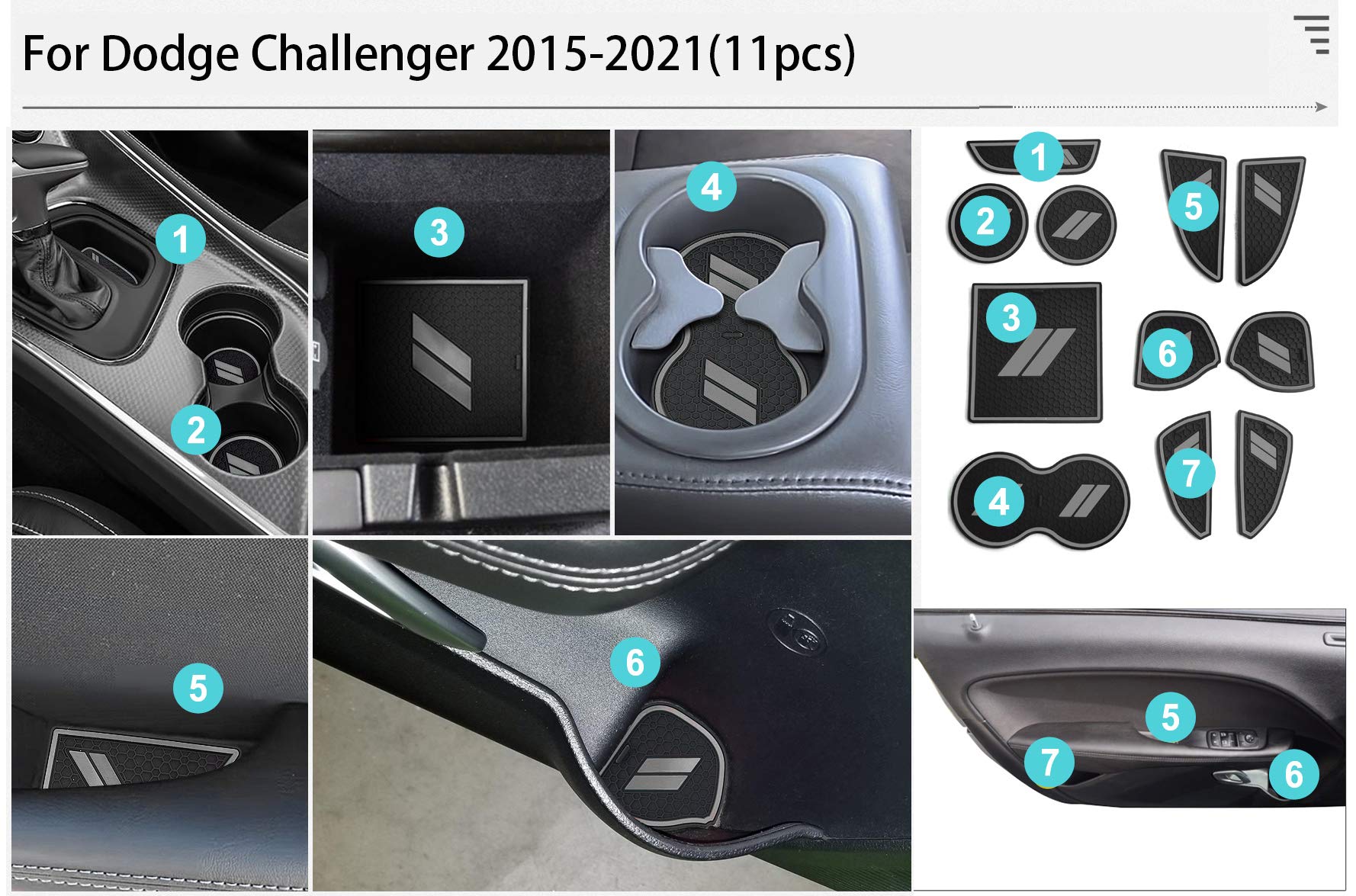 Auovo 11Pcs Anti-Dust Mats For Challenger Accessories 2015-2023 Custom Interior Cup Holder Inserts Door Pocket Center Console Liners For Challenger 2021 (Gray)