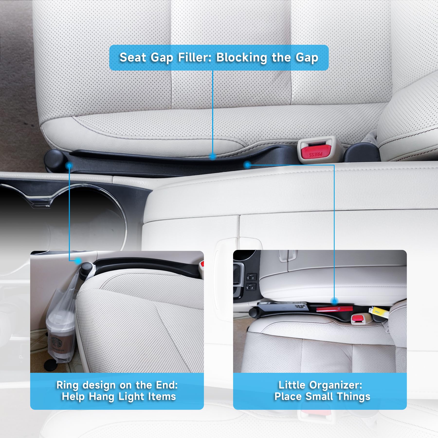 Car Seat Gap Filler Set Of 2, Soft Foam Multifunctional Seat Side Gap Filler With Organizer & Hook Function, 3In1 Gap Stopper Un