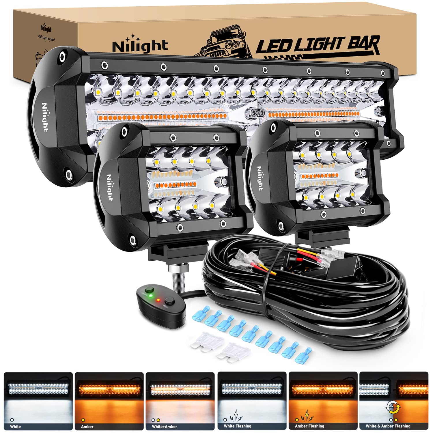 Nilight 12Inch 300W Led Light Bar 2Pcs 4Inch 60W Light Pods Amber White Strobe 6 Modes Memory Function Reset Function Off Road T