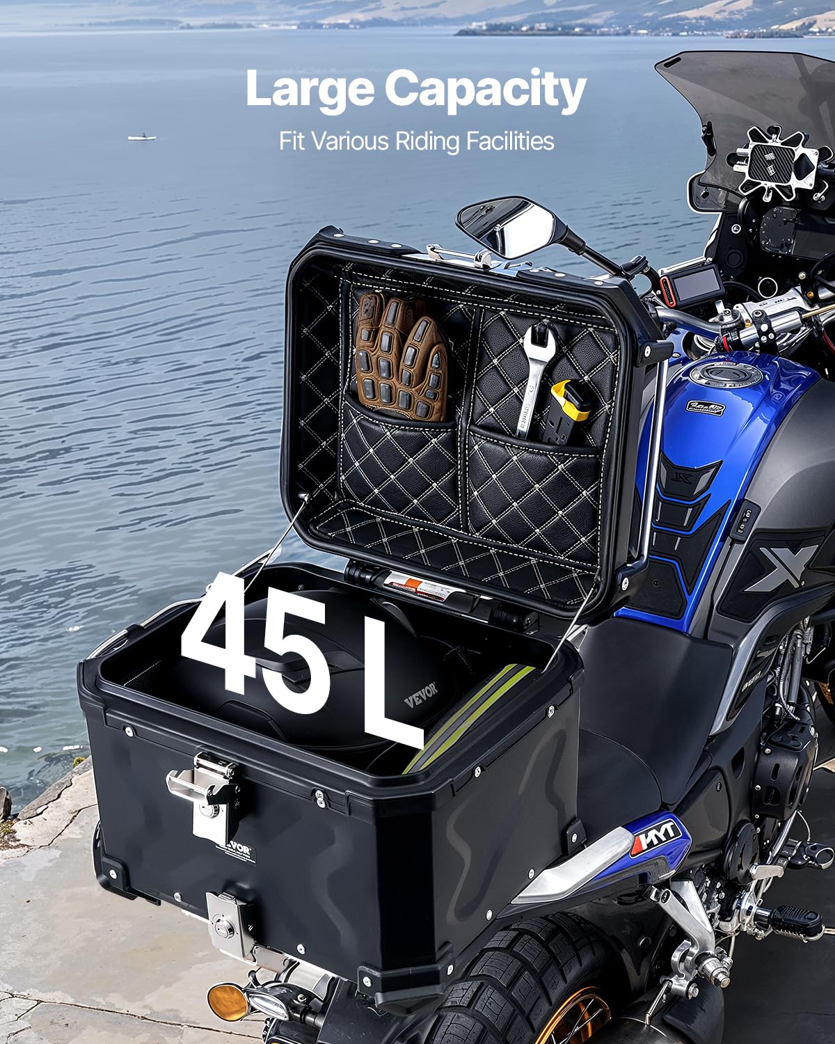 VEVOR Motorcycle Top Case 45L, Universal Aluminum Alloy Motorbike Tail Box with Leather Lining, 45L Waterproof Detachable Motorc