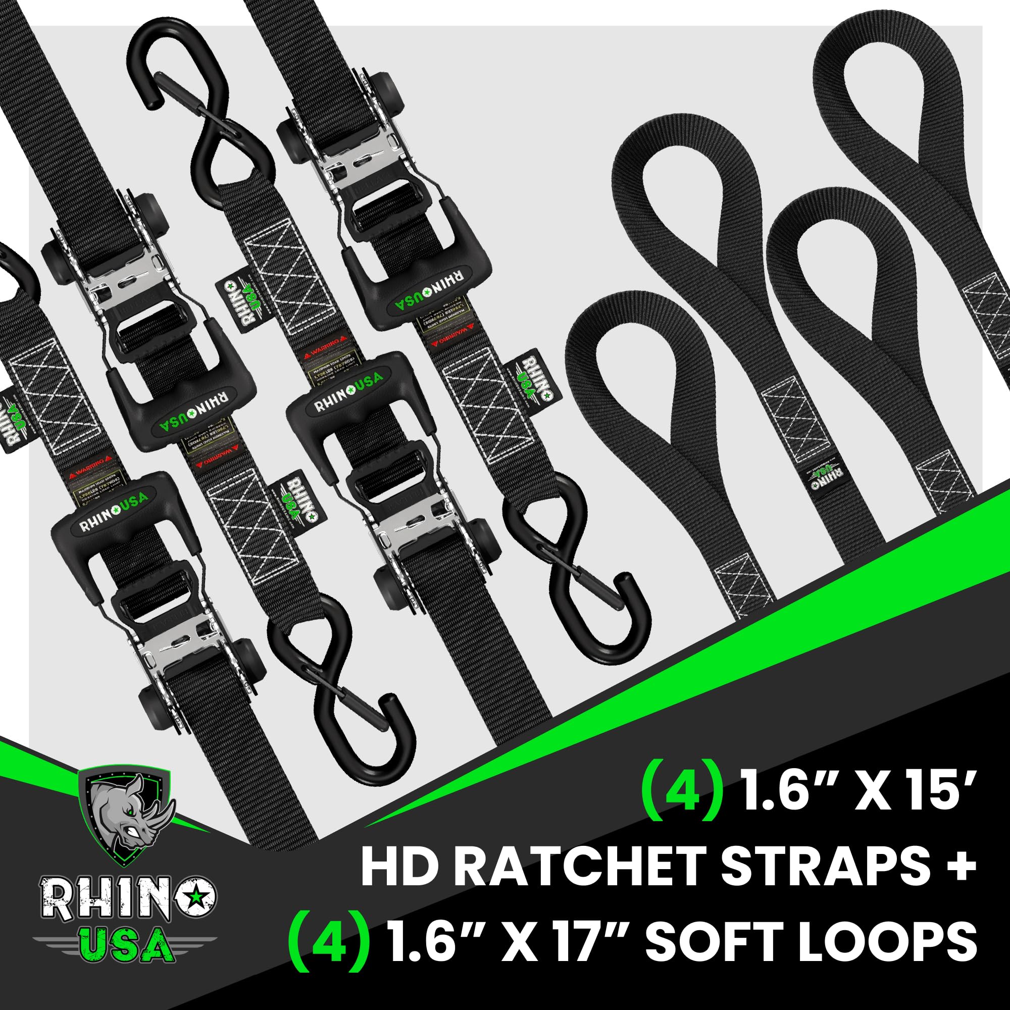 Rhino Usa Ratchet Straps Heavy Duty Kit (4-Pack) - 1.6 Inch X 15 Feet (5,208Lb Break Strength) - Ultimate Tie Down Straps With S