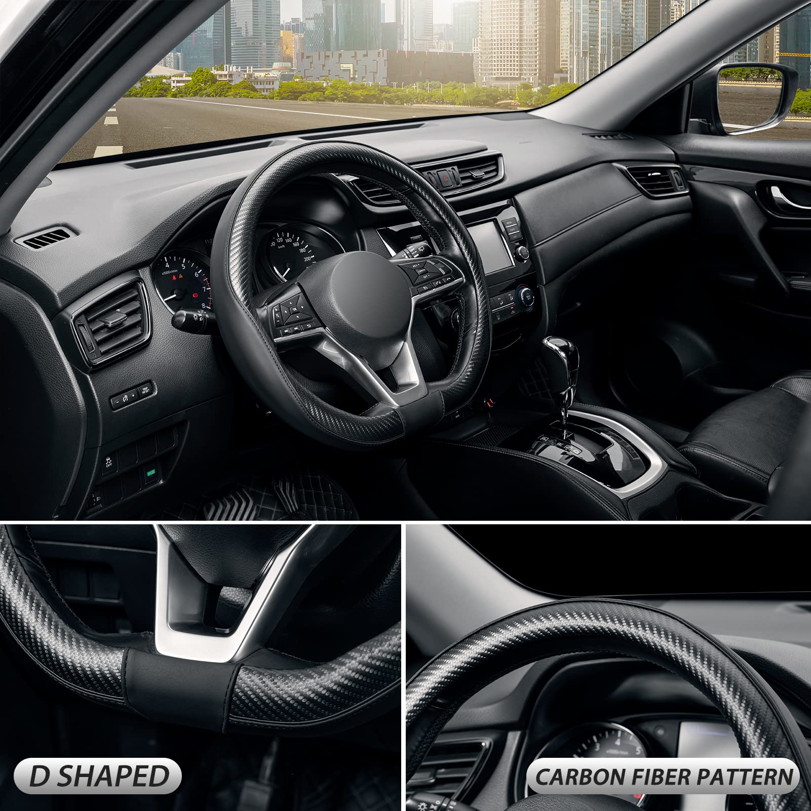 Seg Direct Flat Bottom Steering Wheel Cover Carbon Fiber, D Shaped Car Wheel Cover 14 1/2-15 In. (37-39 Cm), Black Microfiber Le