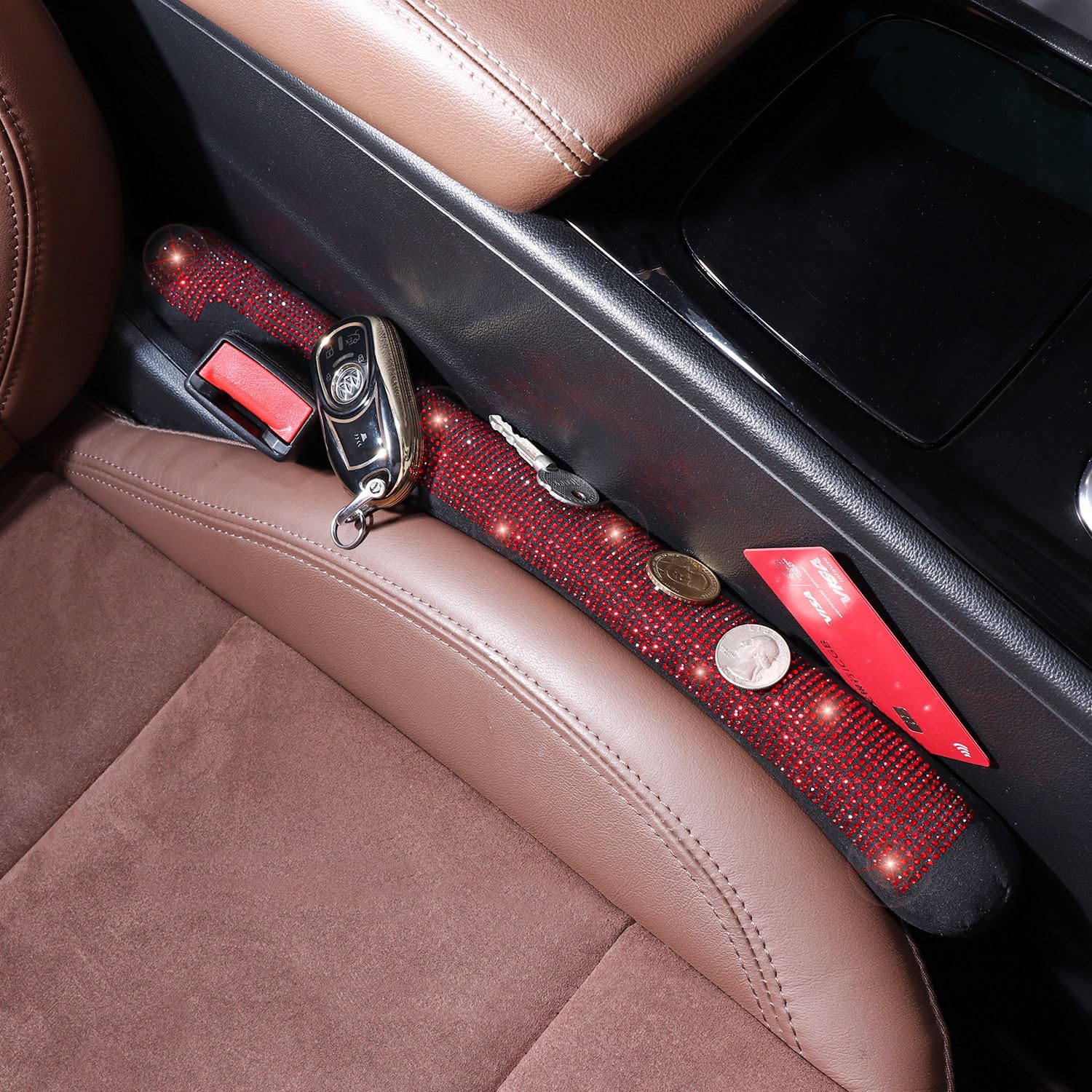 Tobequeen Car Seat Gap Filler Red Bling Car Accessories For Women Universal Fit For Car Truck Suv, 2 Pack Handmade Crystal Rhine