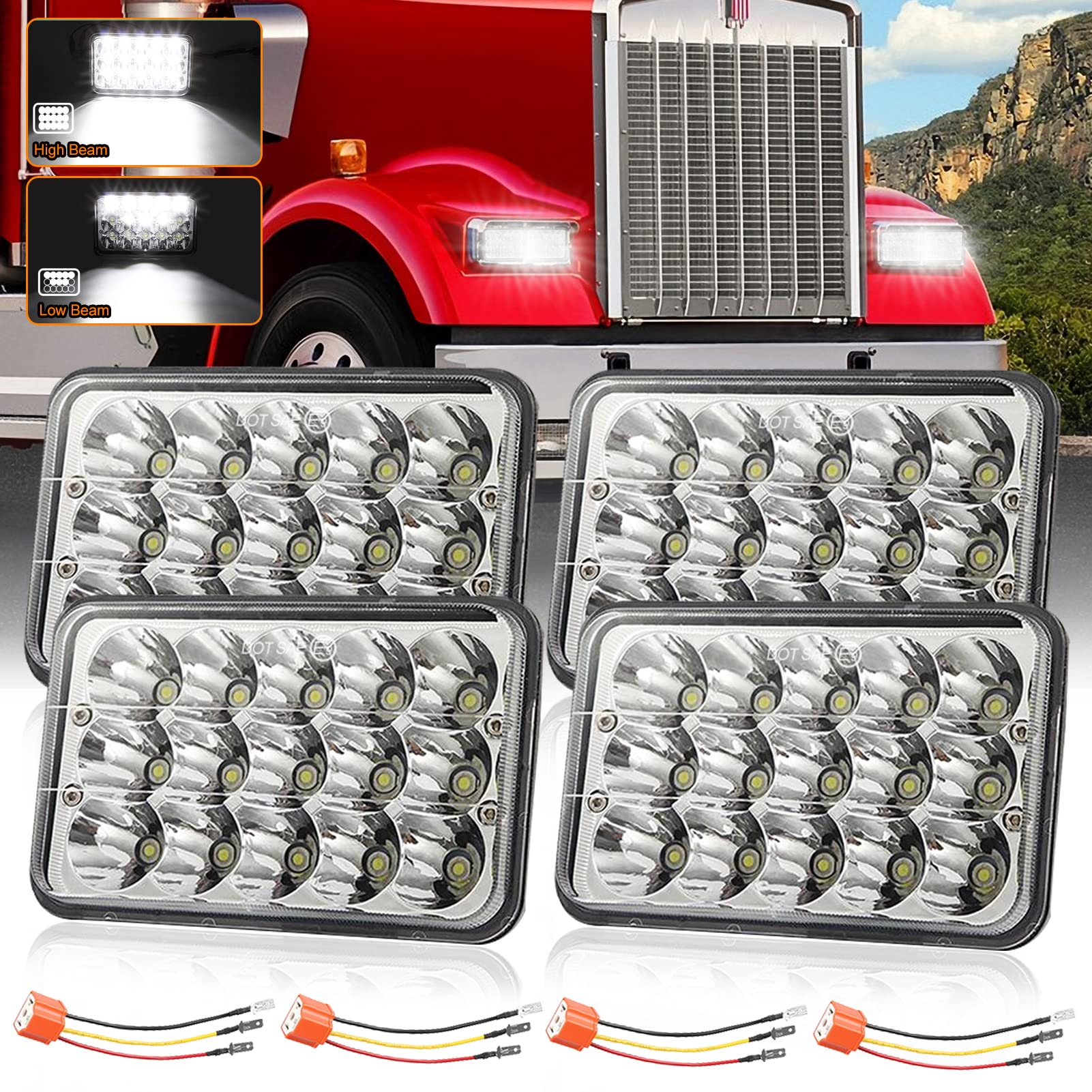 4X6 Inch Led Lights 4Pcs Hi/Lo Sealed Beam Rectangular Led Lights H4651 H4652 H4656 Light For Kw Peterbil Freightinger Oldsmobil