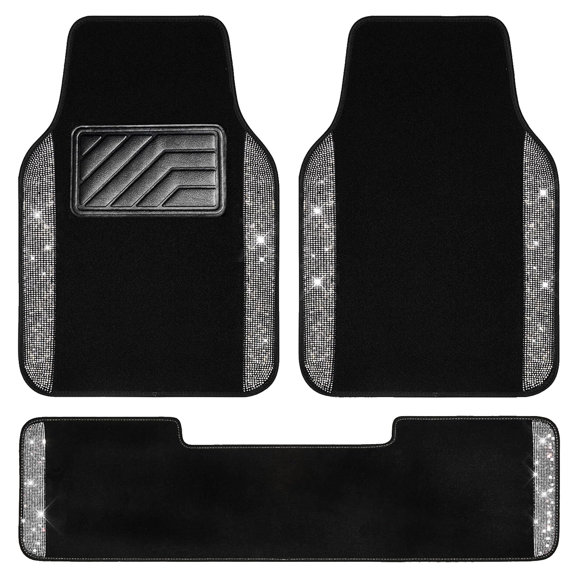 Car Pass® Bling Car Mats Shining Diamond Carpet Crystal Rhinestones Sparkly Glitter Floor Mats With Anti-Slip Pvc Heel Pad Universal For Automotive Suv, Sedan, Van, 3Pcs For Girl Women, Black Silver