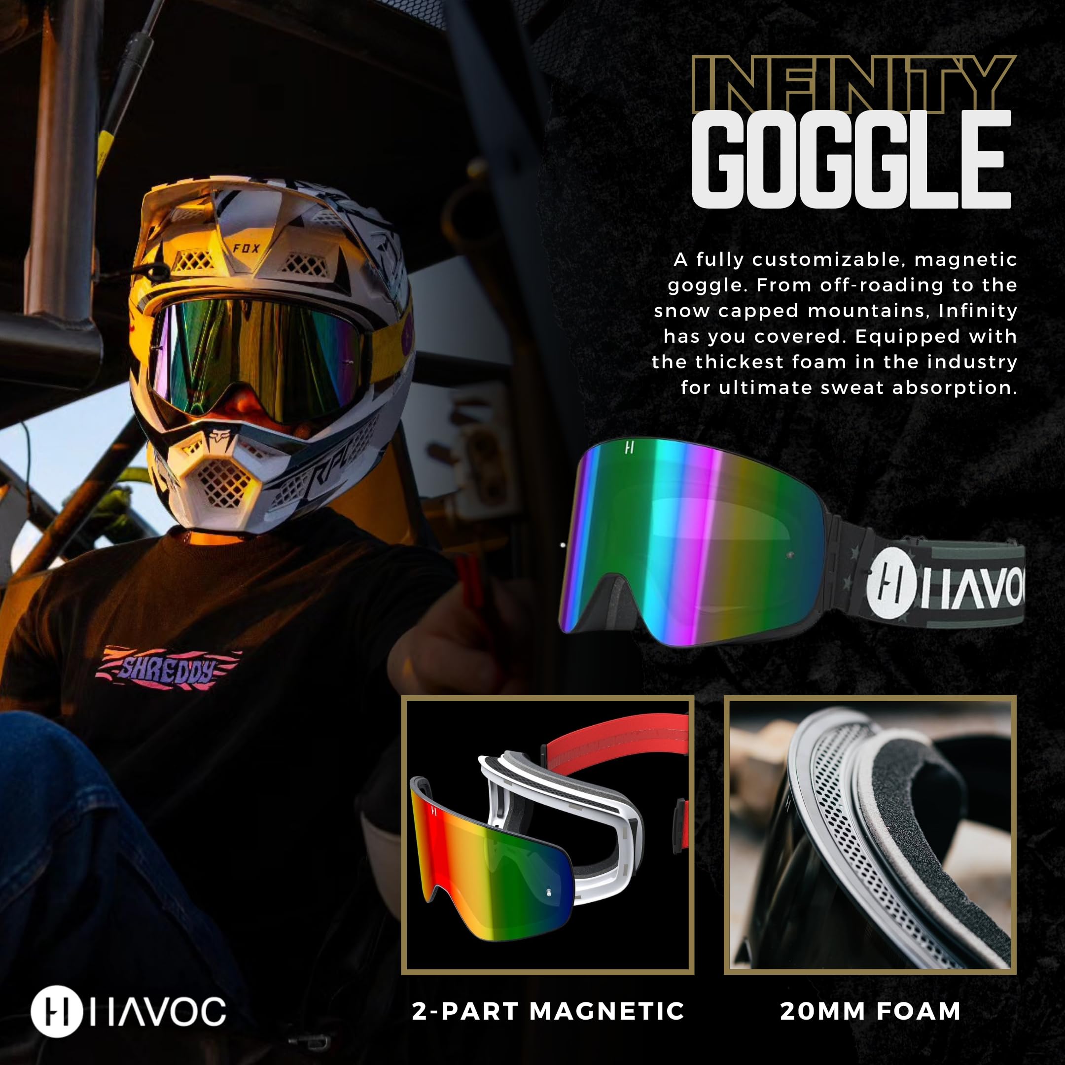 Havoc Racing Magnetic Frameless Goggles - For Motocross, Dirt Biking, Snowboarding, Atv, & Utv - States Goggles, Clear Lens, & H