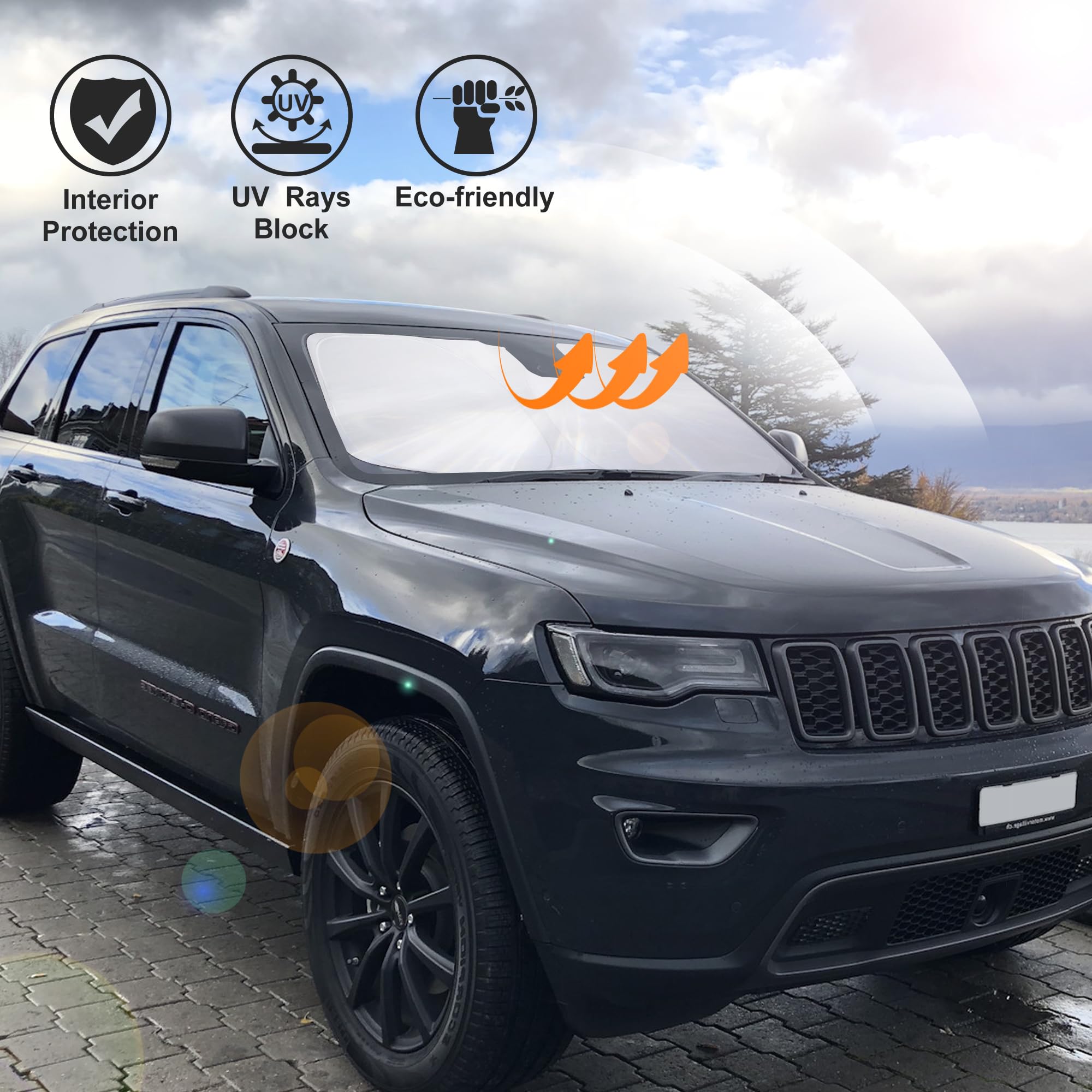 Windshield Sun Shade Fit For 2011-2021 Jeep Grand Cherokee Accessories (Not For Grand Cherokee L & Jeep Cherokee) Foldable Windo