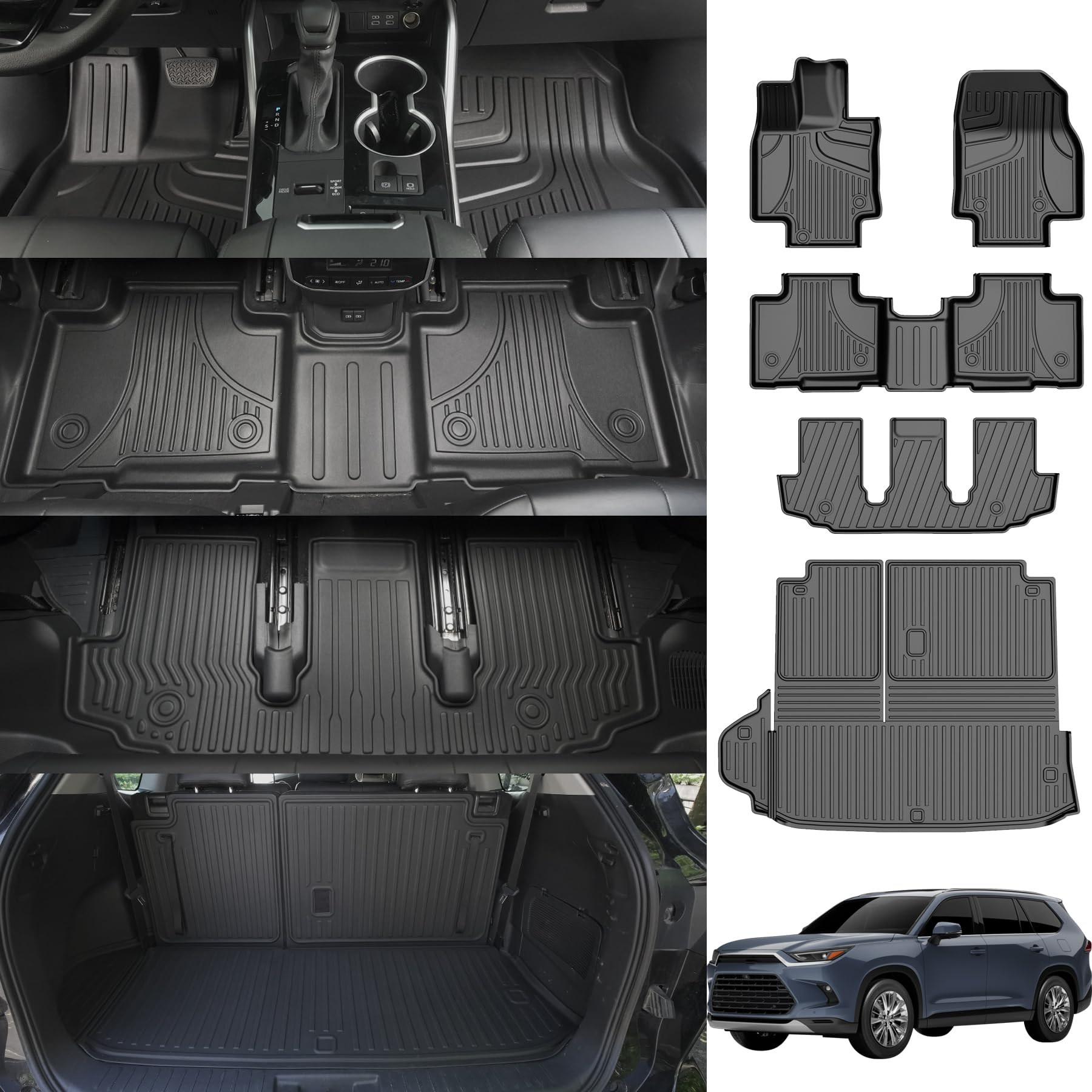 Aomsazto Floor Mats And Cargo Mat Compatible With 2020-2025 Toyota Highlander (7 Seats Only): Heavy Duty Tpe All Weather Protect