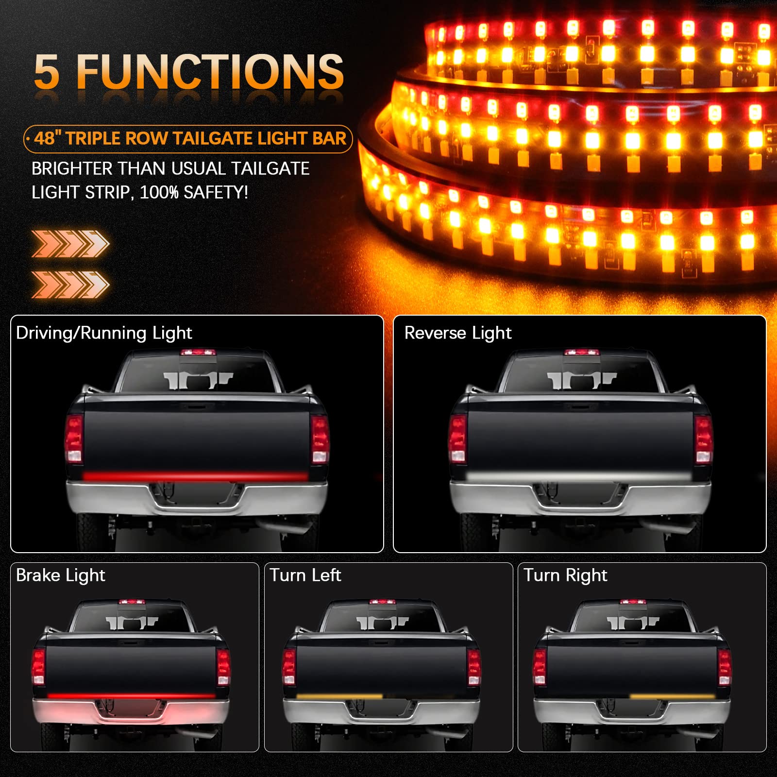 Amexmart 48''/49'' Tailgate Light Bar Triple Row Led Tailgate Light Strip With Red Running Brake Lights White Reverse Amber Turn