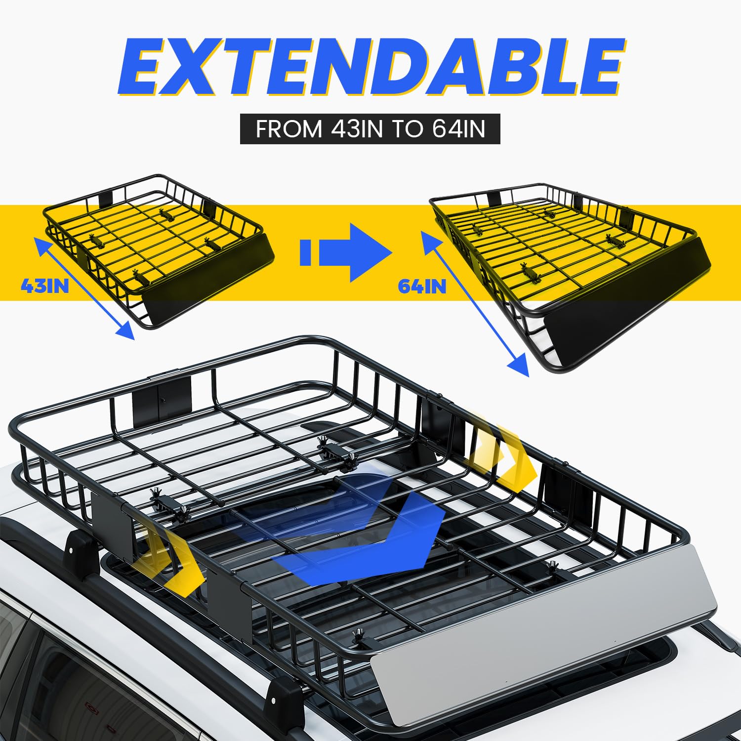 Ecotric 67 X 39 X 5.1'' Universal Roof Rack Cargo Carrier Basket With Extension Heavy Duty Steel Car Suv Top Luggage Storage Holder Basket For Travel 550Lbs Weight Capacity