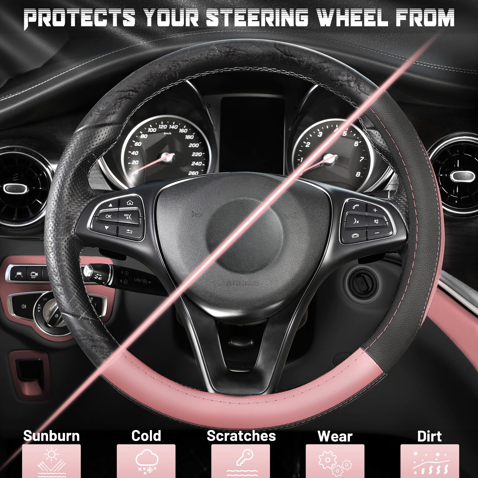 Seg Direct Steering Wheel Cover For Car, Standard Size 14.5-15 Inch, Auto Interior Accessories, Black And Pink