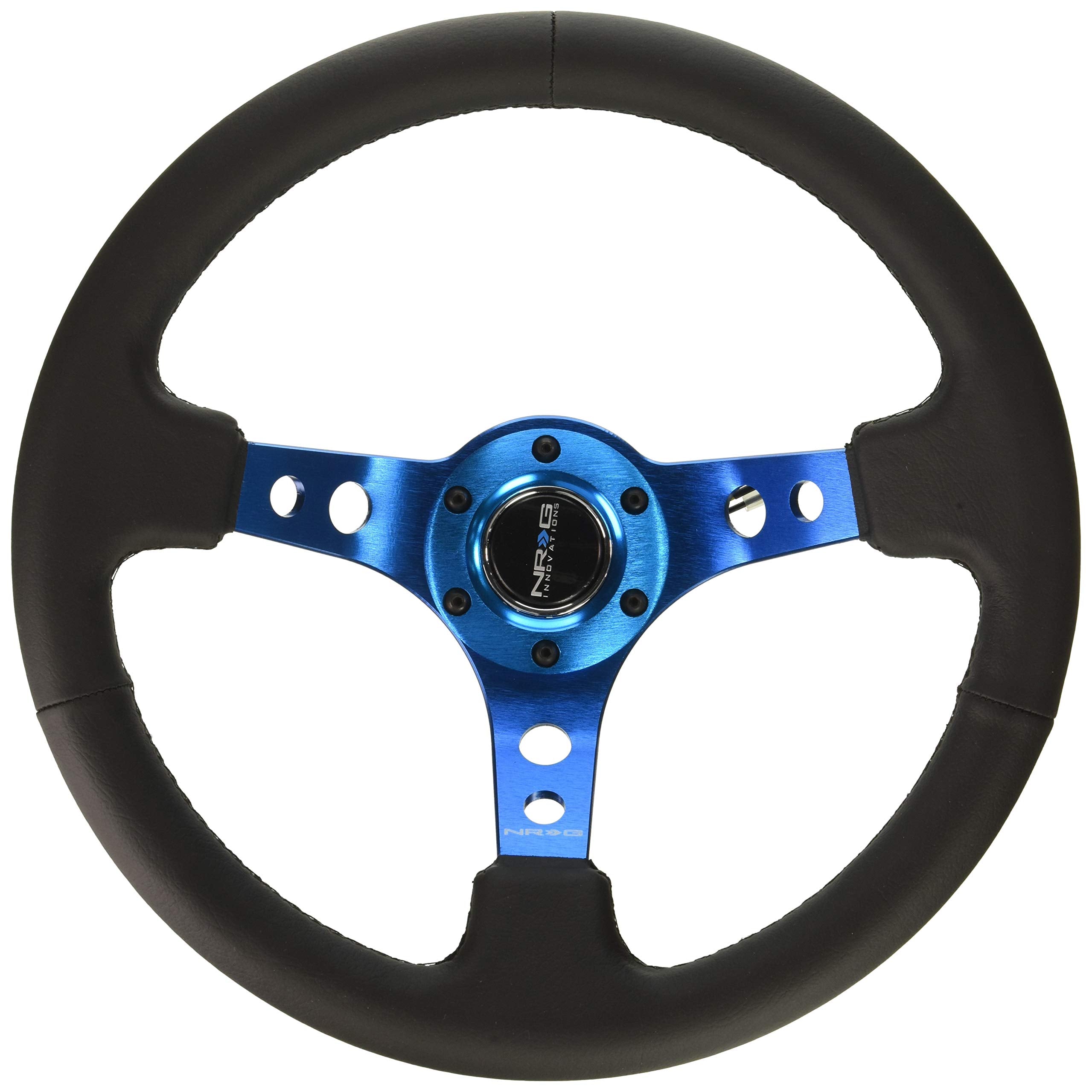 NRG Innovations NRG-RST-006BL Reinforced Steering Wheel - 350mm Sport Steering Wheel (3&quot; Deep) - Blue Spoke w/Round holes/Black Leather