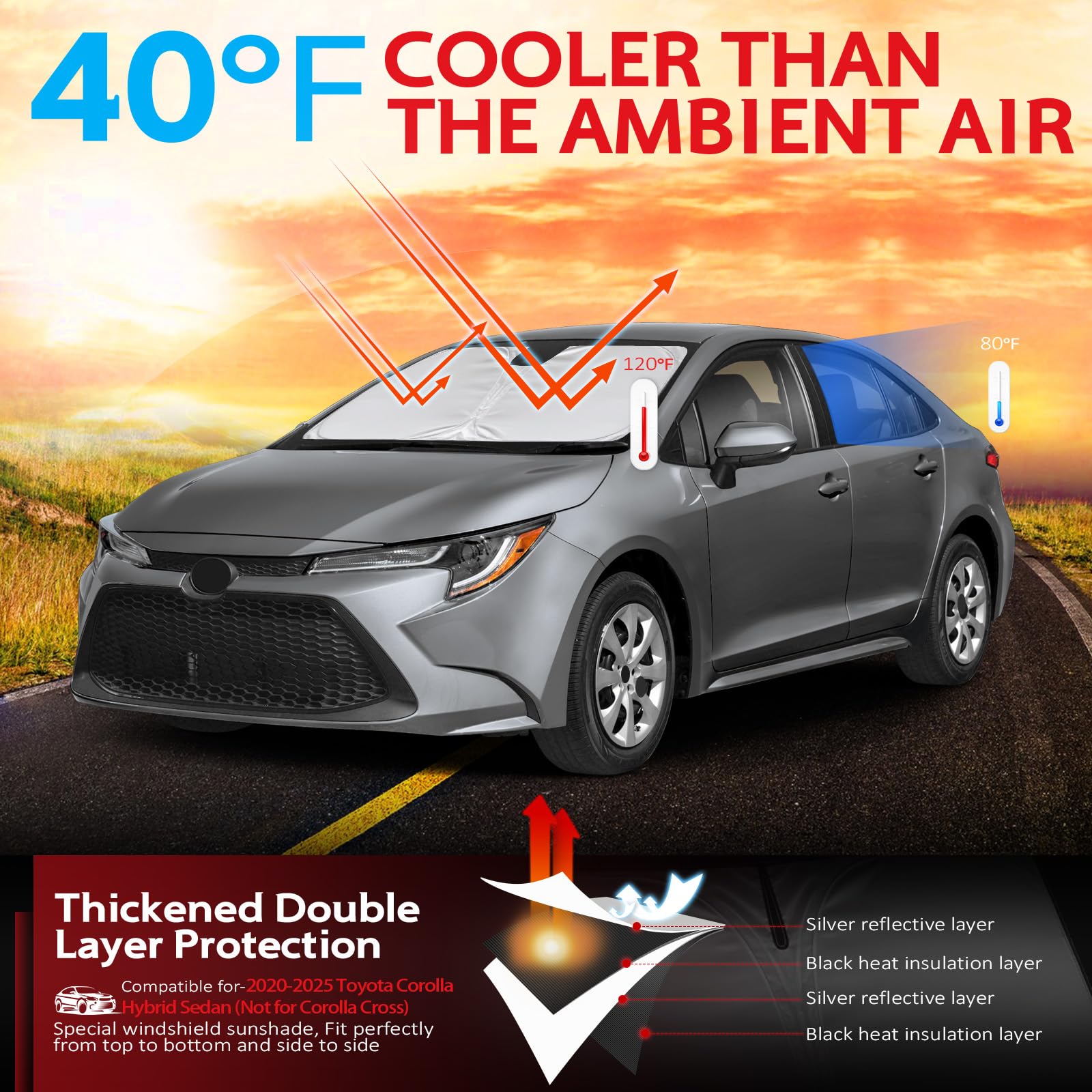 Kayzt Windshield Sun Shade For Toyota Corolla Hybrid Sedan 2020-2025 (Not For Corolla Cross) Foldable Sunshade Front Window Cust