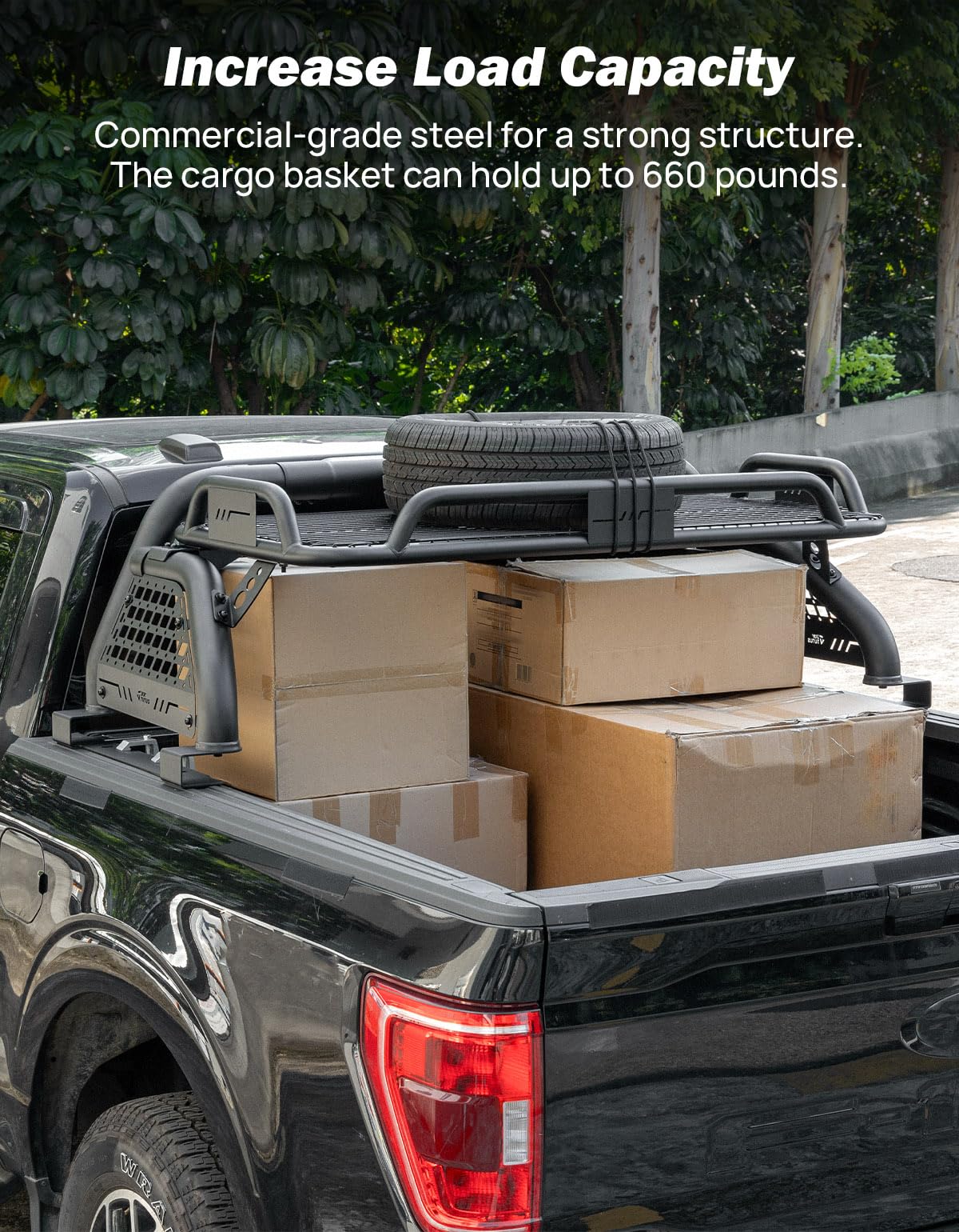 JOYTUTUS Roll Bar with Cargo Basket for Full-Size Truck, Extendable Chase Rack Pickup Sports Bar Compatible with F150, F250, F35