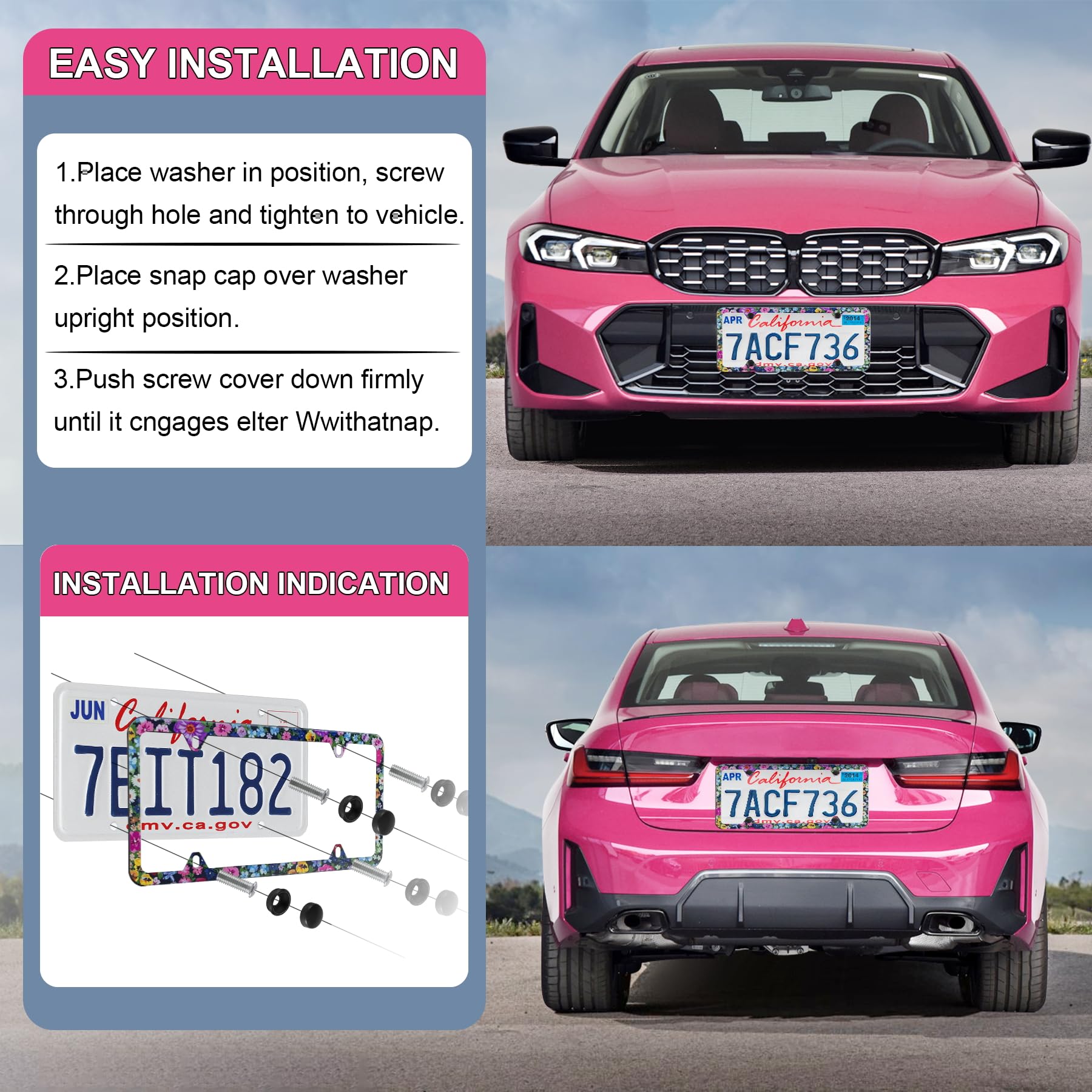 Livtee Flower Floral License Plate Frames, 4 Holes Stainless Steel License Plate Covers, 2Pcs Car License Plate Holder, Automoti